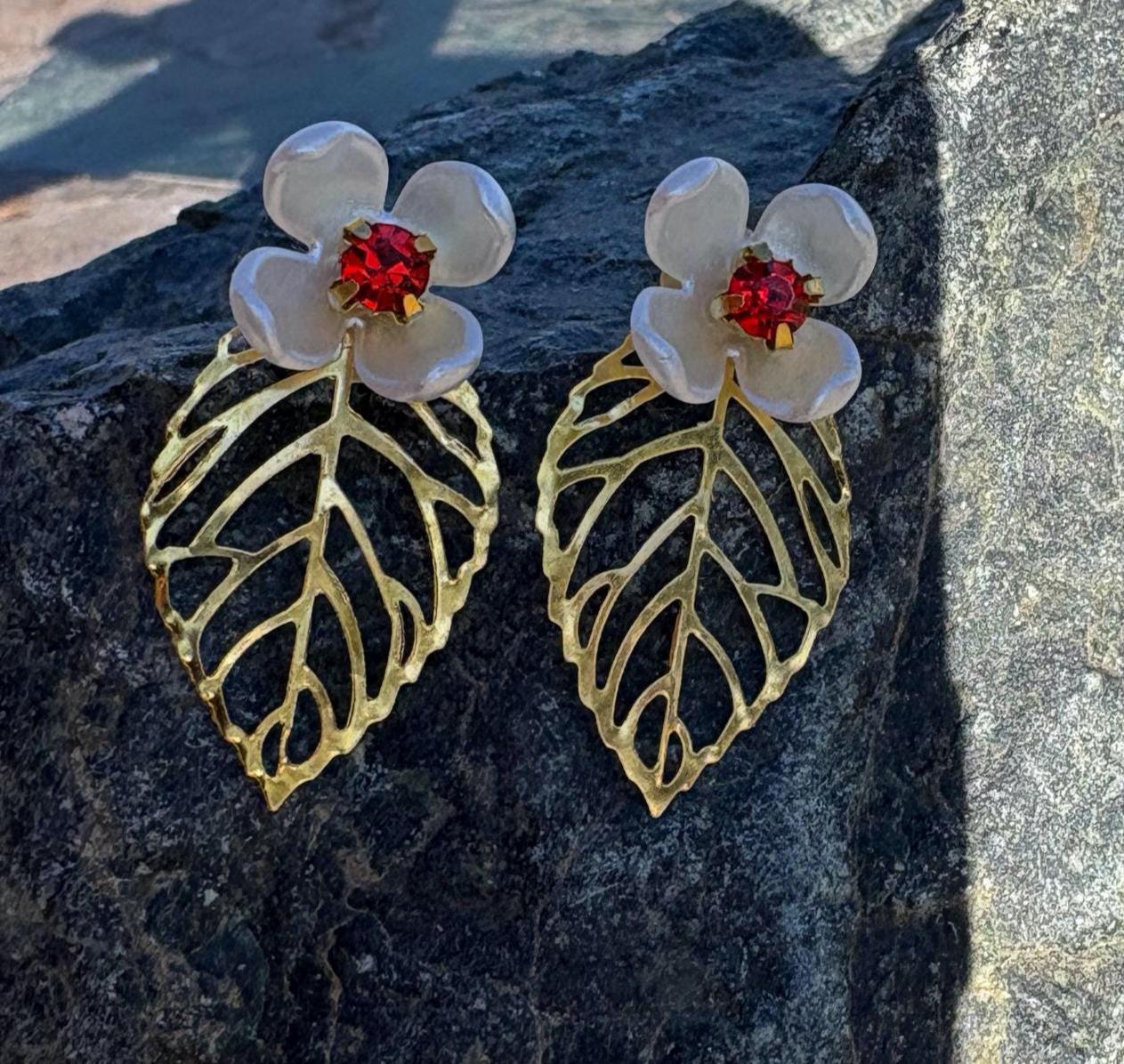 Gold Leaf White & Red Floral Earrings | Gemstone Cutout Leaf Earrings Consecrated Jewelry Co.