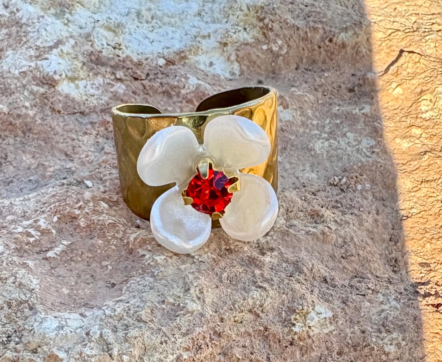 Gold Hammered Ring | White Flower & Red Gemstone Rings Consecrated Jewelry Co.