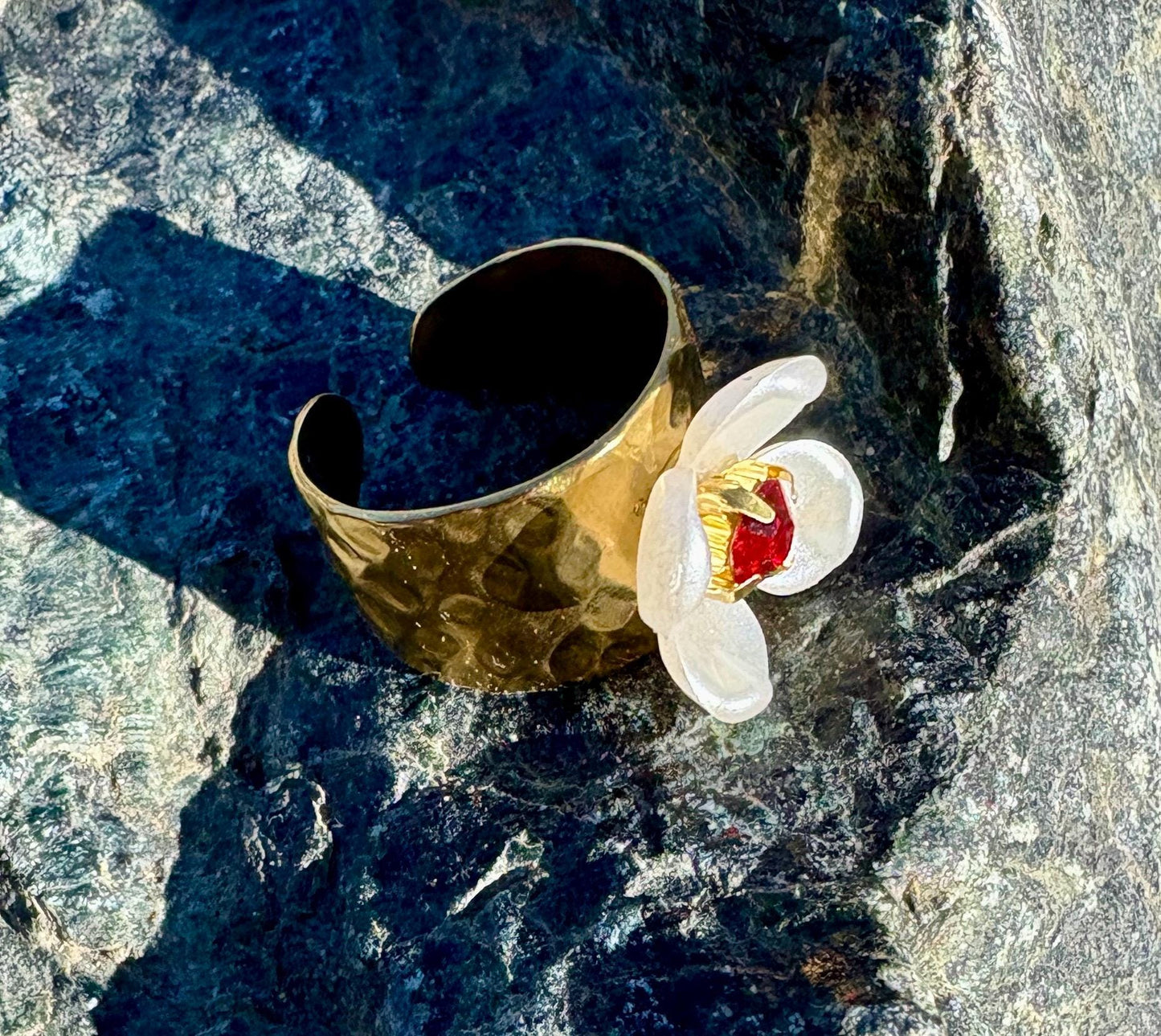 Gold Hammered Ring | White Flower & Red Gemstone Rings Consecrated Jewelry Co.