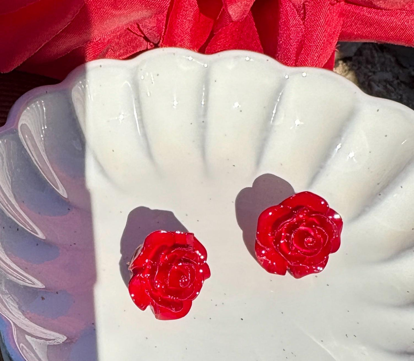 Gold Red Rose Flower Stud Earrings | Deep Dark Red Floral Earrings Consecrated Jewelry Co.