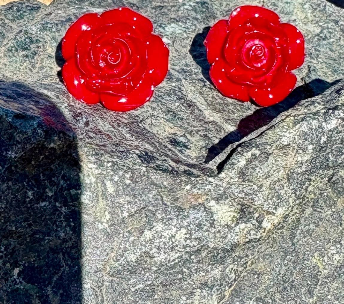 Gold Red Rose Flower Stud Earrings | Deep Dark Red Floral Earrings Consecrated Jewelry Co.
