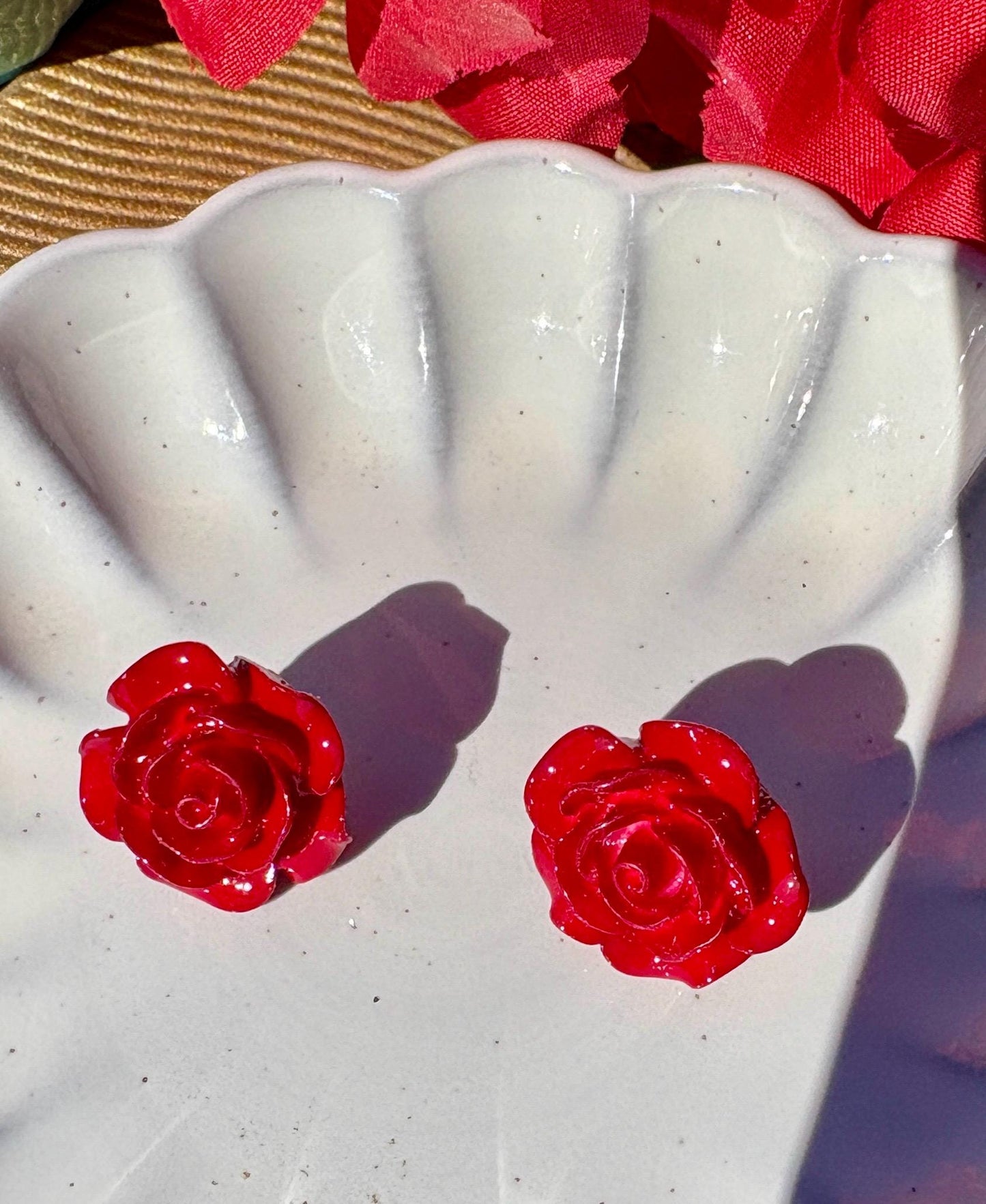 Gold Red Rose Flower Stud Earrings | Deep Dark Red Floral Earrings Consecrated Jewelry Co.