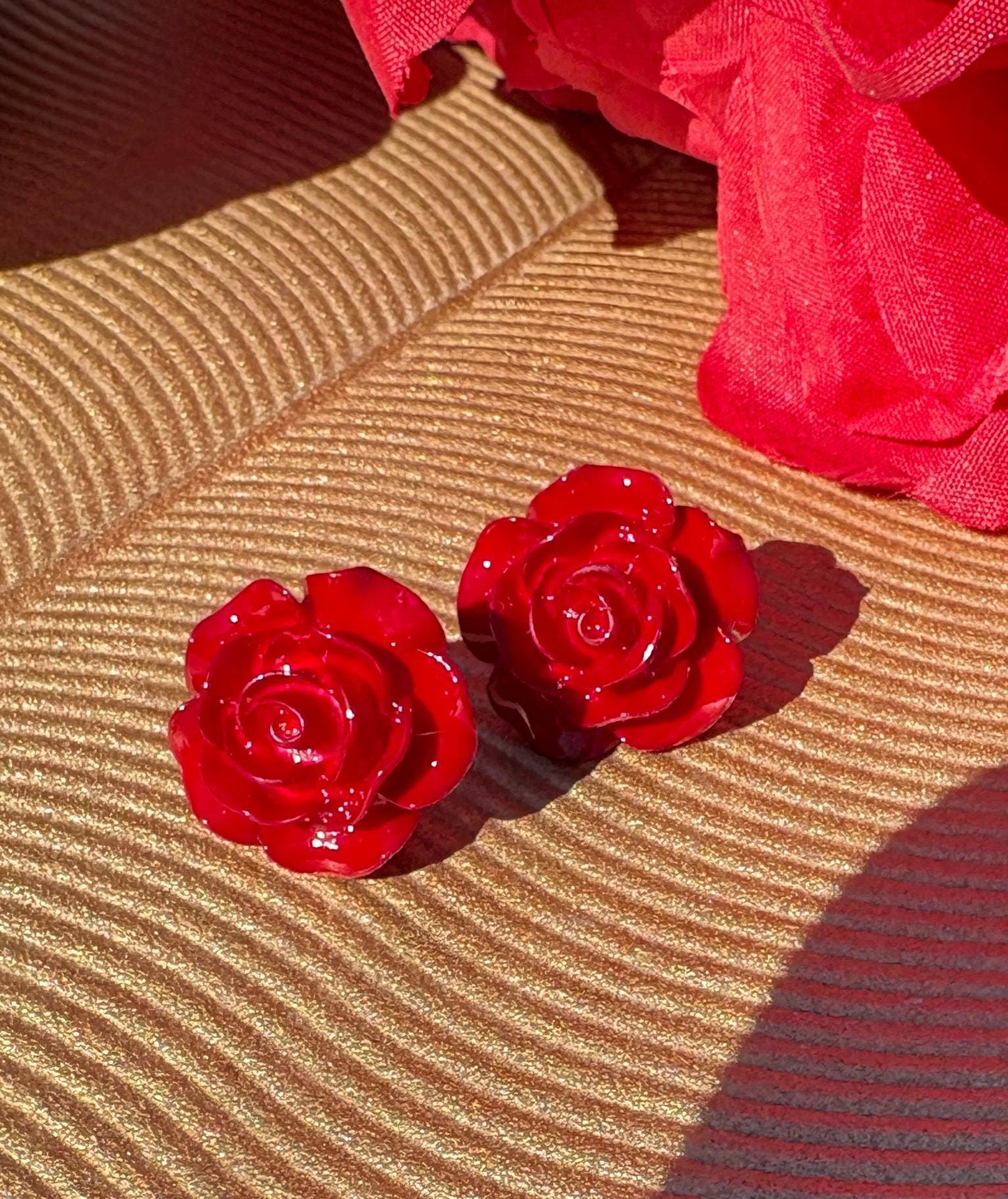 Gold Red Rose Flower Stud Earrings | Deep Dark Red Floral Earrings Consecrated Jewelry Co.