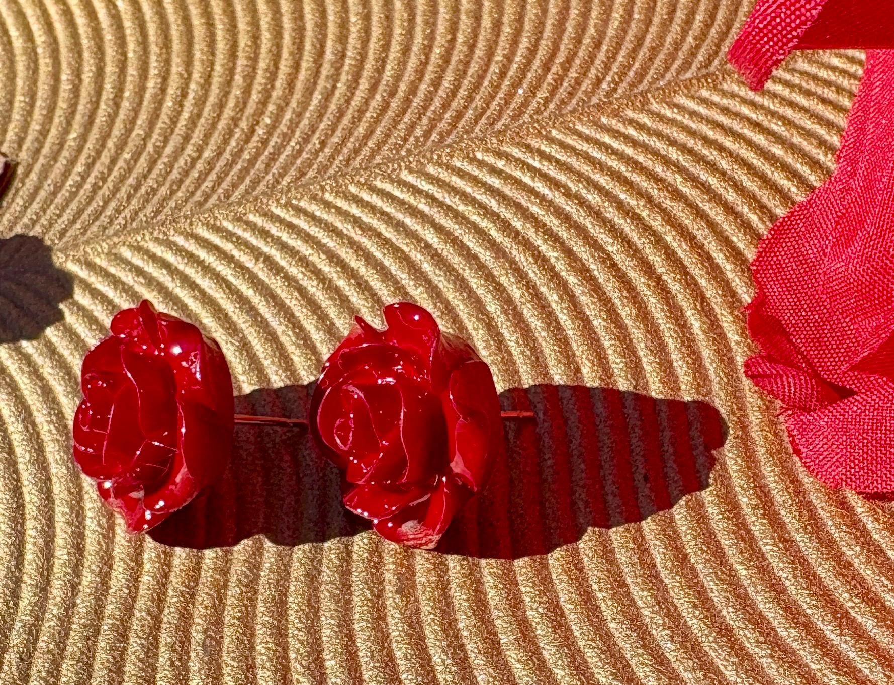 Gold Red Rose Flower Stud Earrings | Deep Dark Red Floral Earrings Consecrated Jewelry Co.