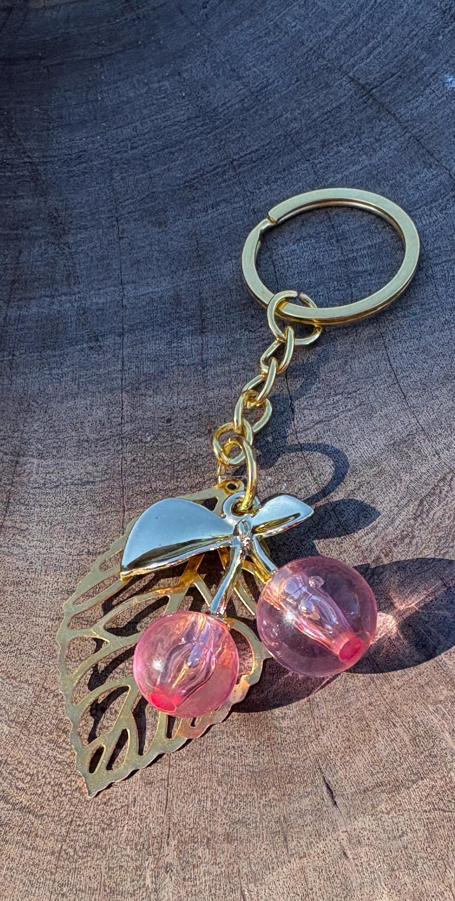 Gold & Pink Cherry Keychain | Bag Charm Valentine's Gift Keychains Consecrated Jewelry Co.