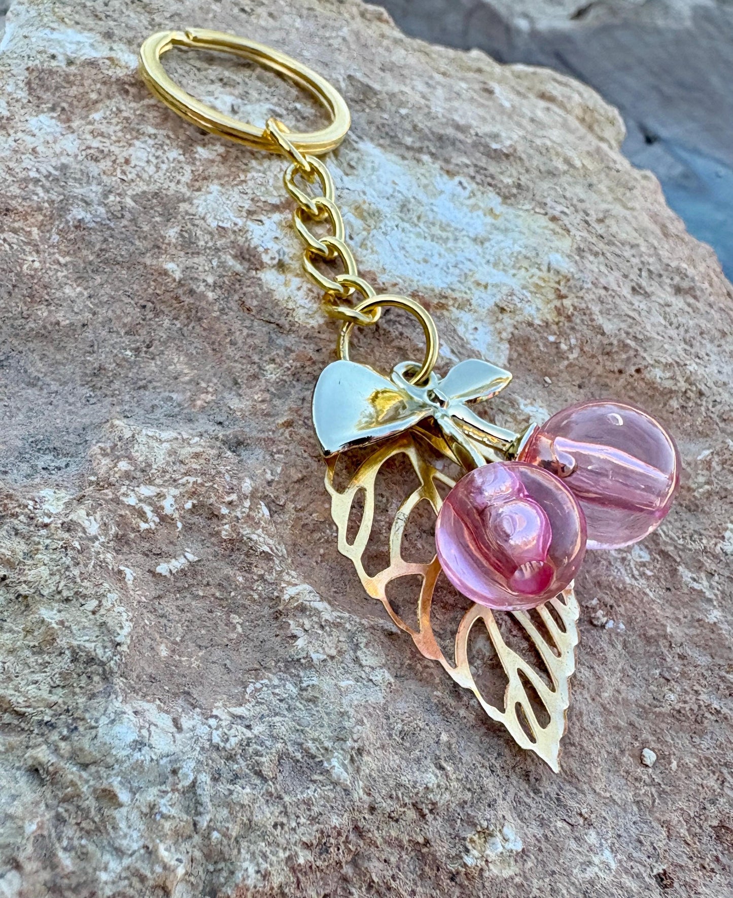 Gold & Pink Cherry Keychain | Bag Charm Valentine's Gift Keychains Consecrated Jewelry Co.