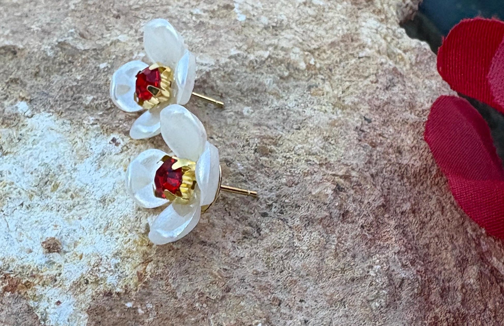 White & Red Floral Stud Earrings | Ruby Gemstone Center Earrings Consecrated Jewelry Co.