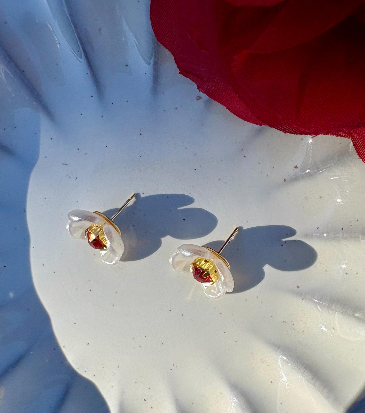 White & Red Floral Stud Earrings | Ruby Gemstone Center Earrings Consecrated Jewelry Co.
