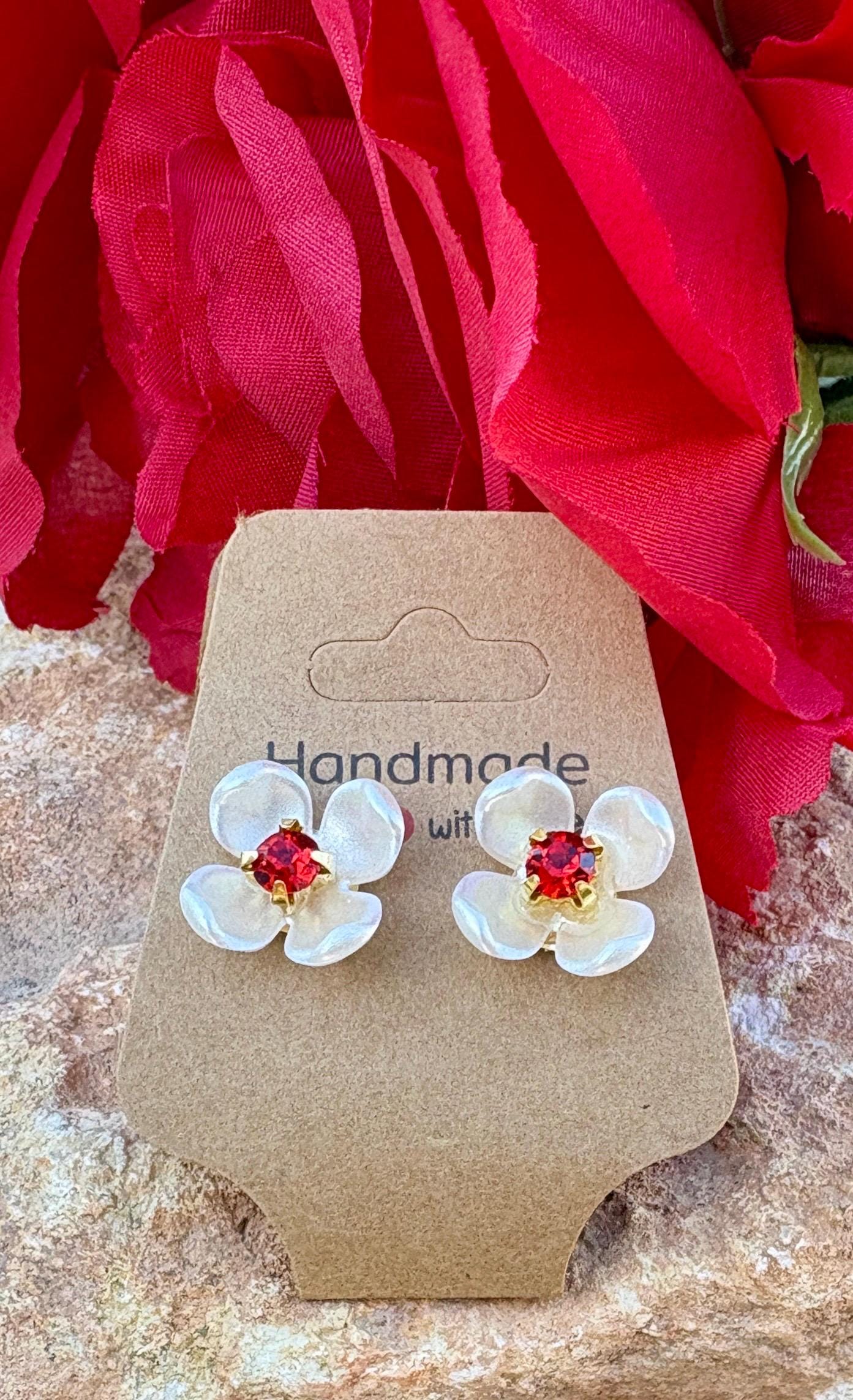 White & Red Floral Stud Earrings | Ruby Gemstone Center Earrings Consecrated Jewelry Co.