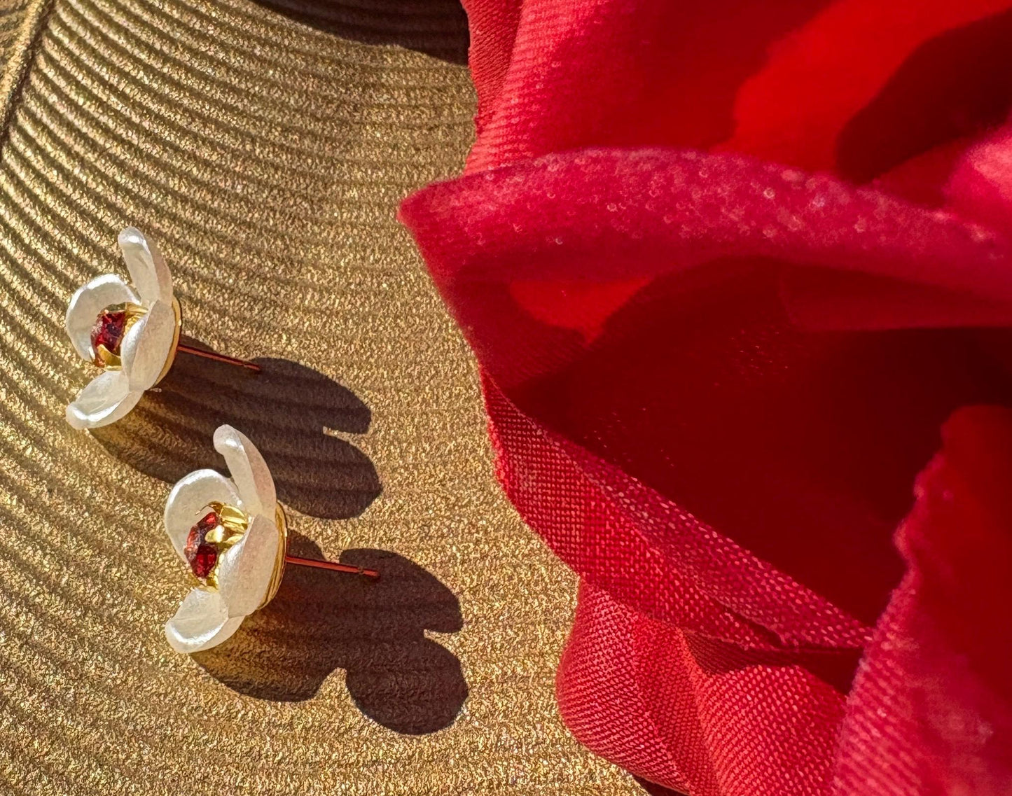 White & Red Floral Stud Earrings | Ruby Gemstone Center Earrings Consecrated Jewelry Co.