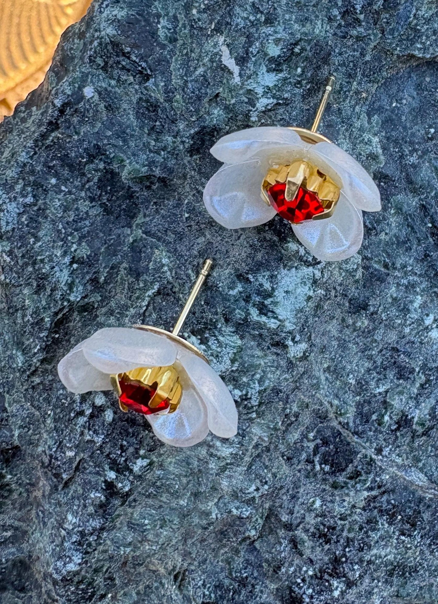 White & Red Floral Stud Earrings | Ruby Gemstone Center Earrings Consecrated Jewelry Co.