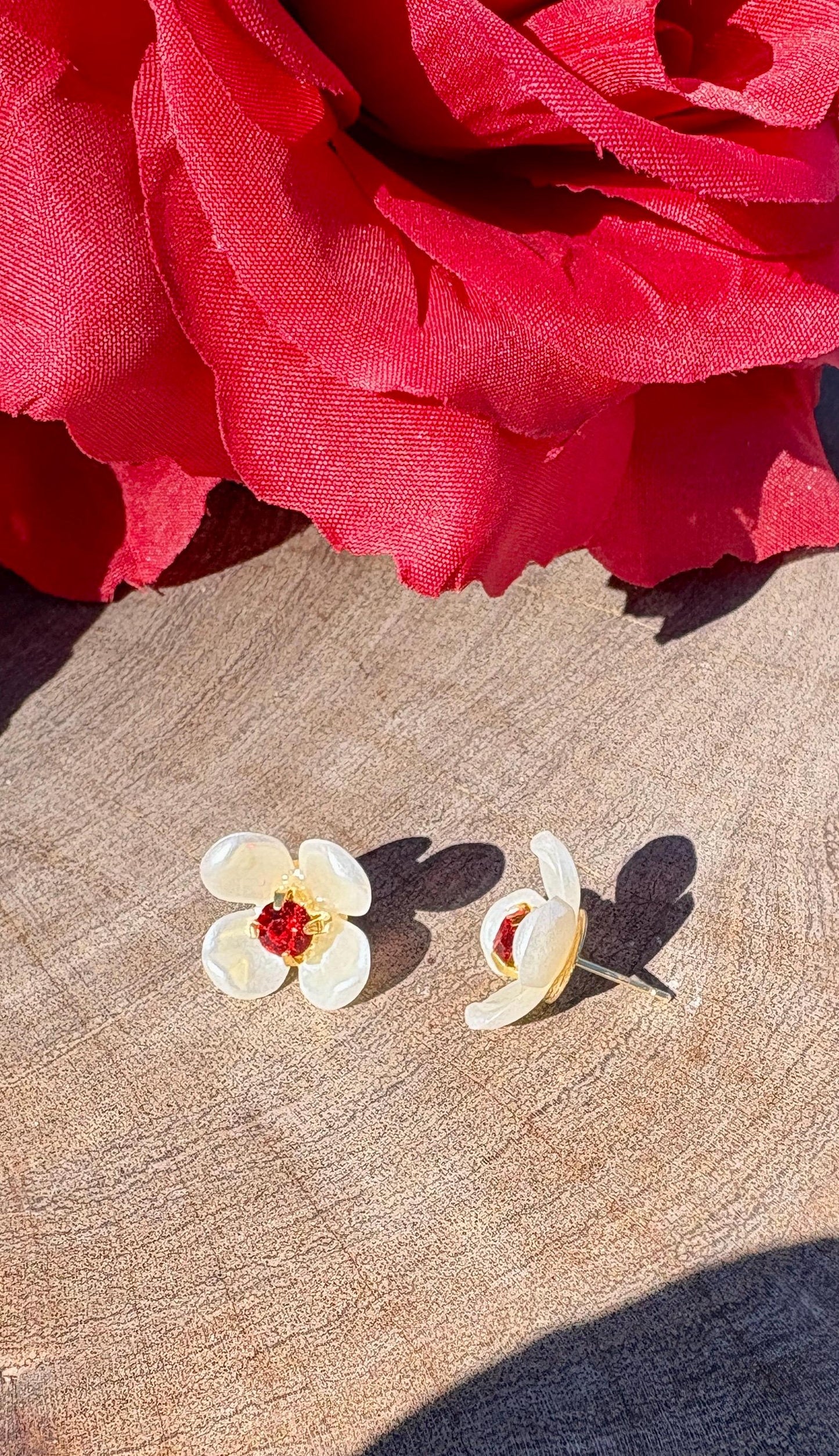 White & Red Floral Stud Earrings | Ruby Gemstone Center Earrings Consecrated Jewelry Co.