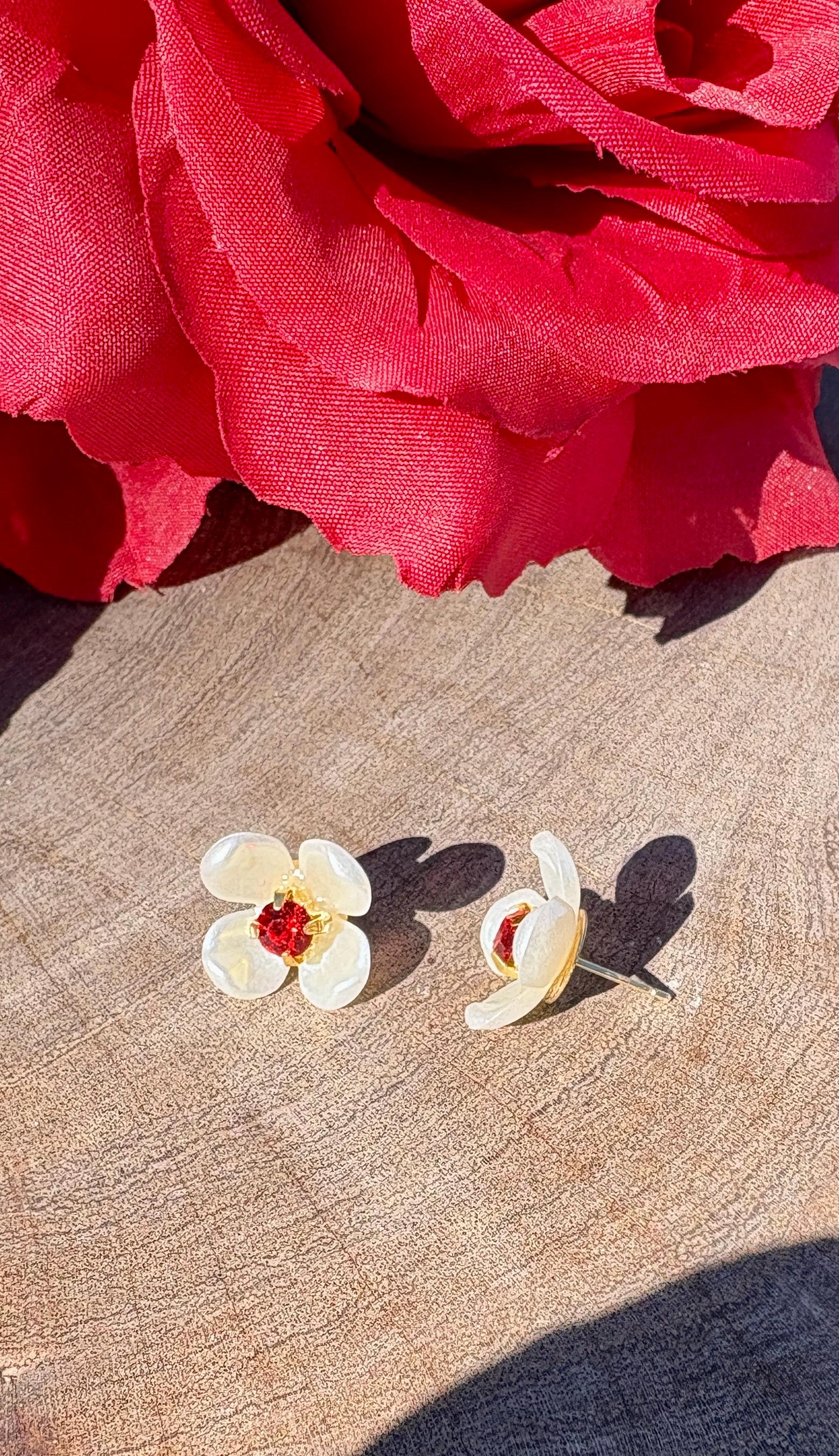 White & Red Floral Stud Earrings | Ruby Gemstone Center Earrings Consecrated Jewelry Co.