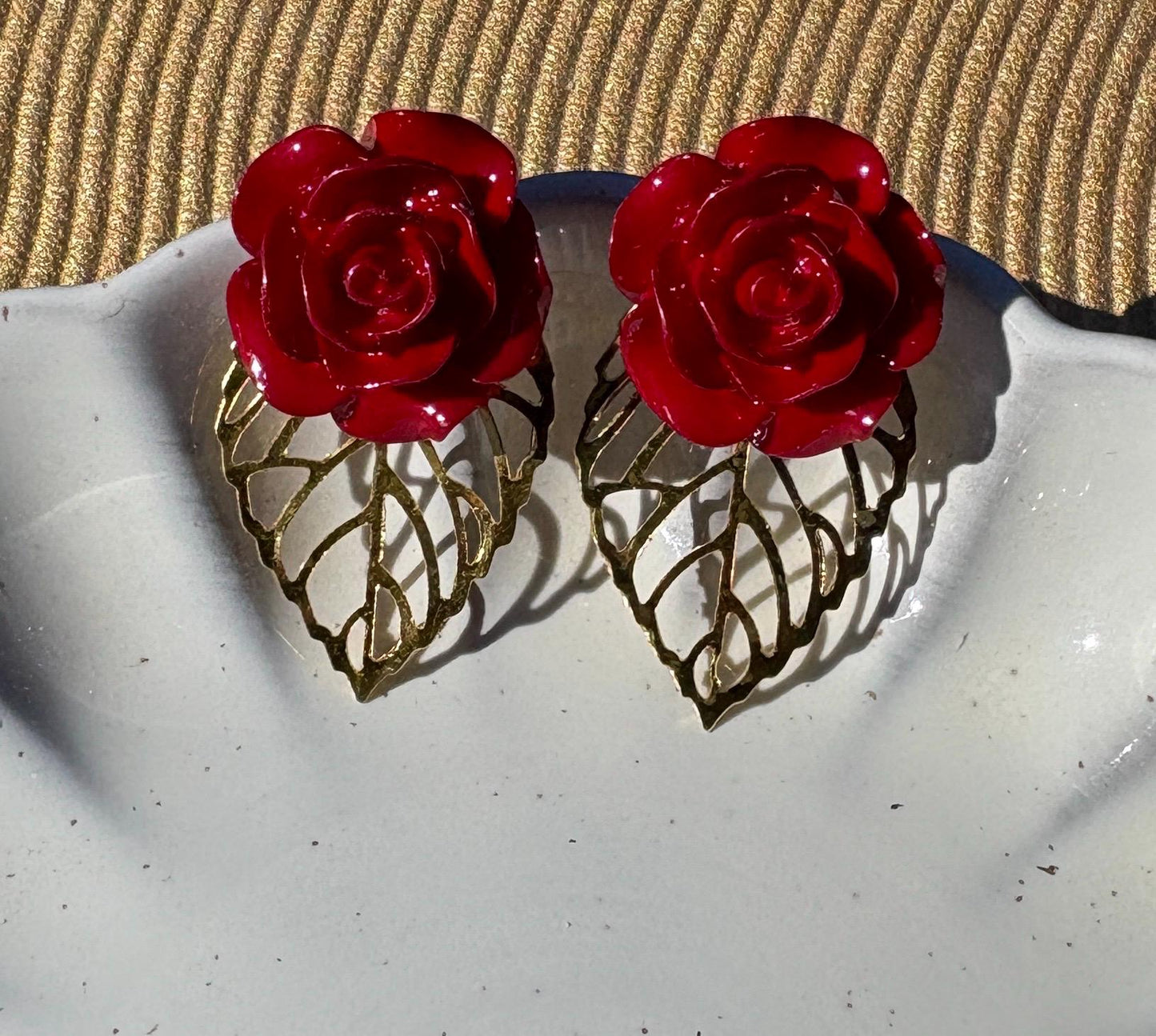 Gold Leaf Red Floral Earrings | Rose Flower & Gemstone Dangle Earrings Consecrated Jewelry Co.