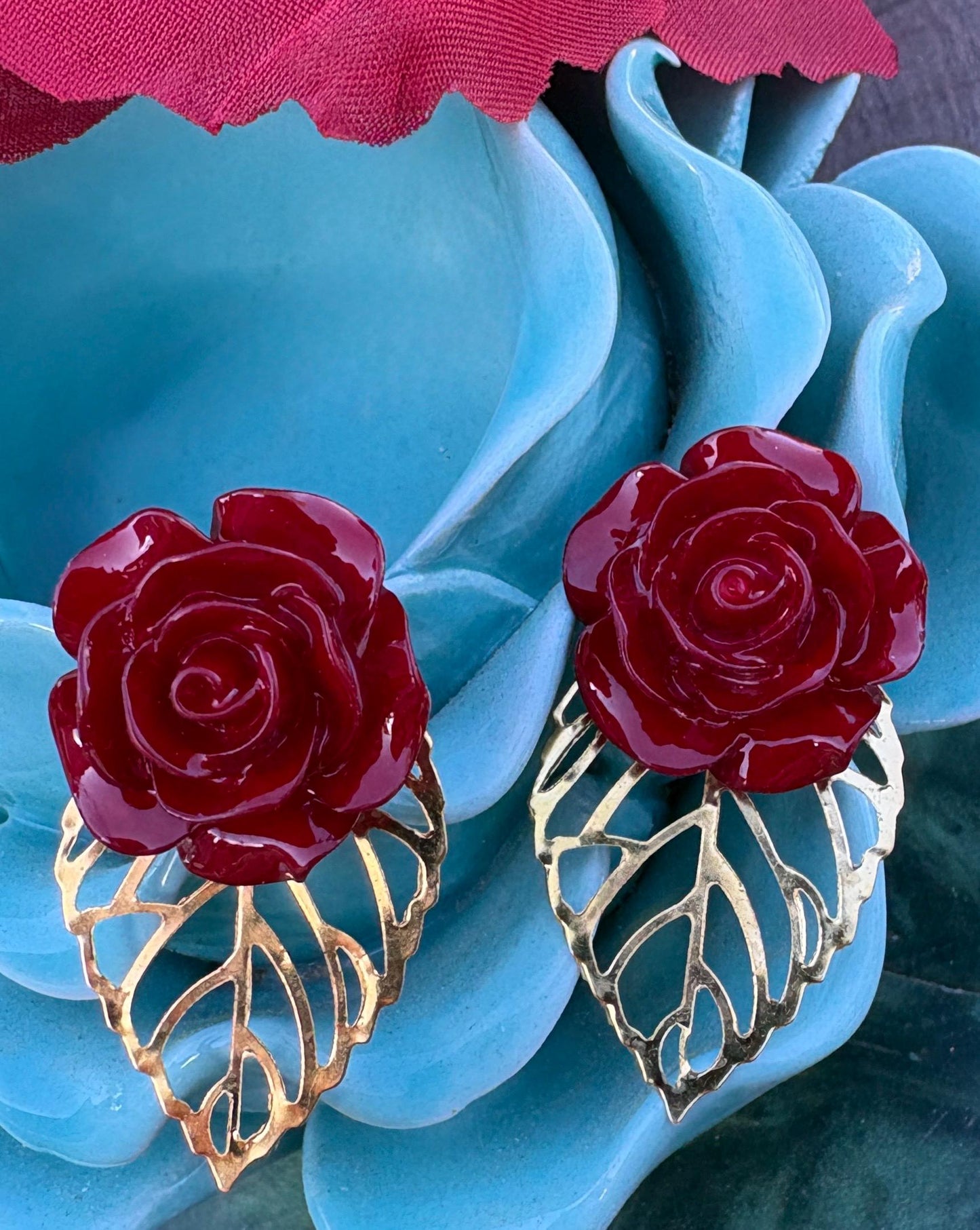 Gold Leaf Red Floral Earrings | Rose Flower & Gemstone Dangle Earrings Consecrated Jewelry Co.
