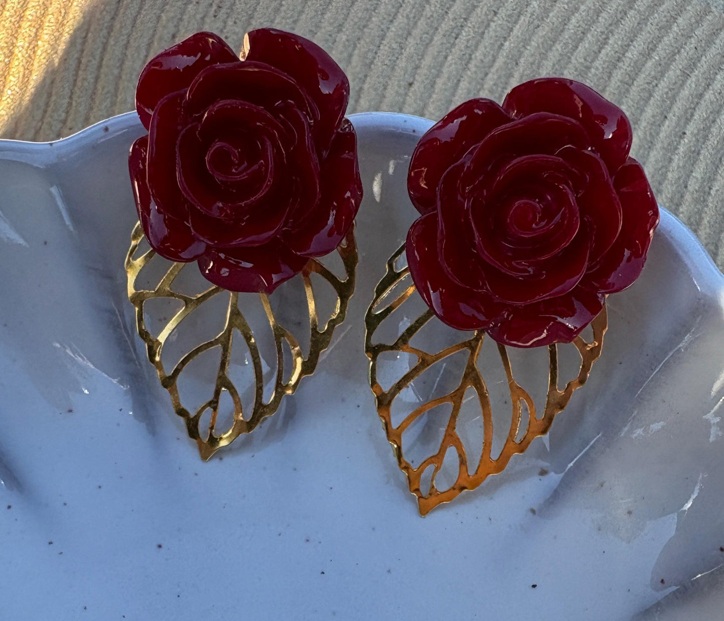 Gold Leaf Red Floral Earrings | Rose Flower & Gemstone Dangle Earrings Consecrated Jewelry Co.