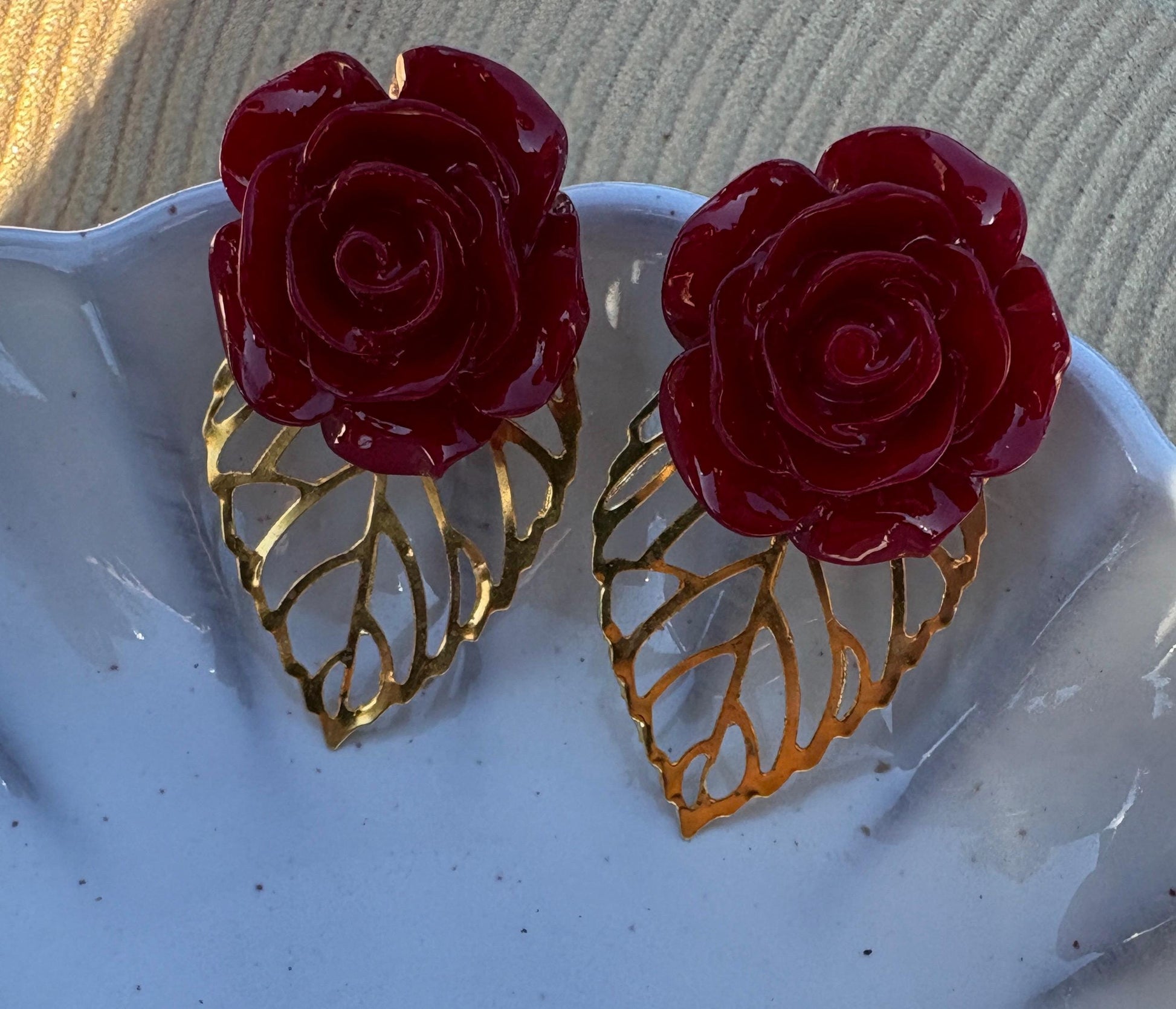 Gold Leaf Red Floral Earrings | Rose Flower & Gemstone Dangle Earrings Consecrated Jewelry Co.