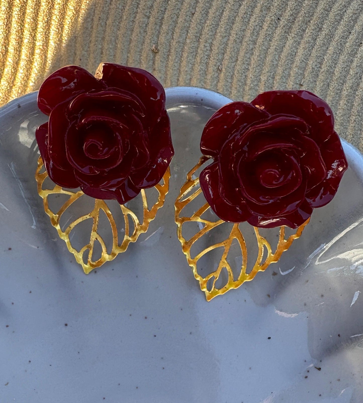 Gold Leaf Red Floral Earrings | Rose Flower & Gemstone Dangle Earrings Consecrated Jewelry Co.