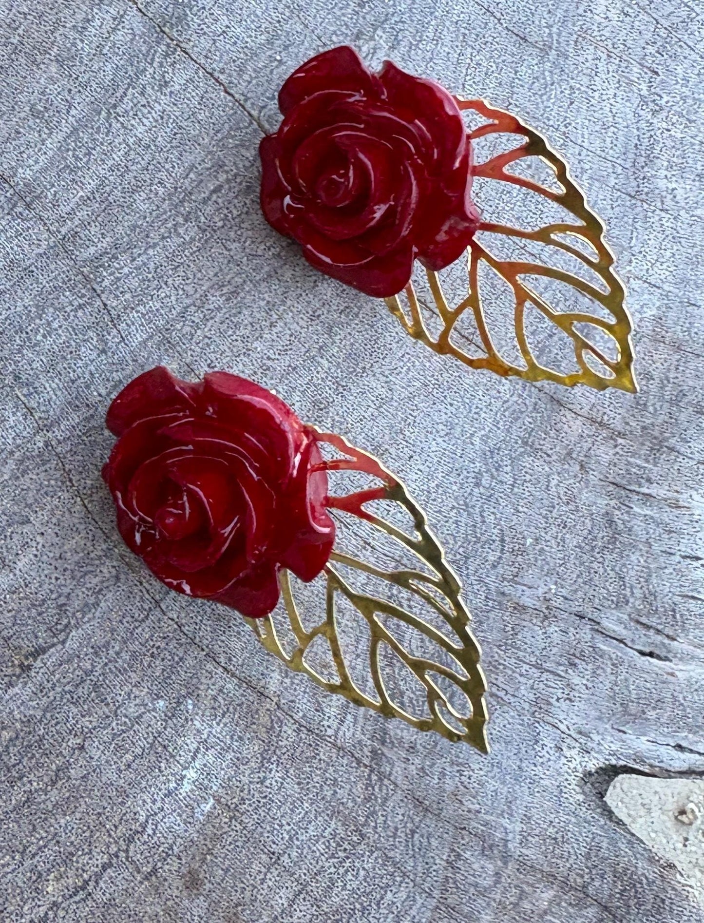 Gold Leaf Red Floral Earrings | Rose Flower & Gemstone Dangle Earrings Consecrated Jewelry Co.