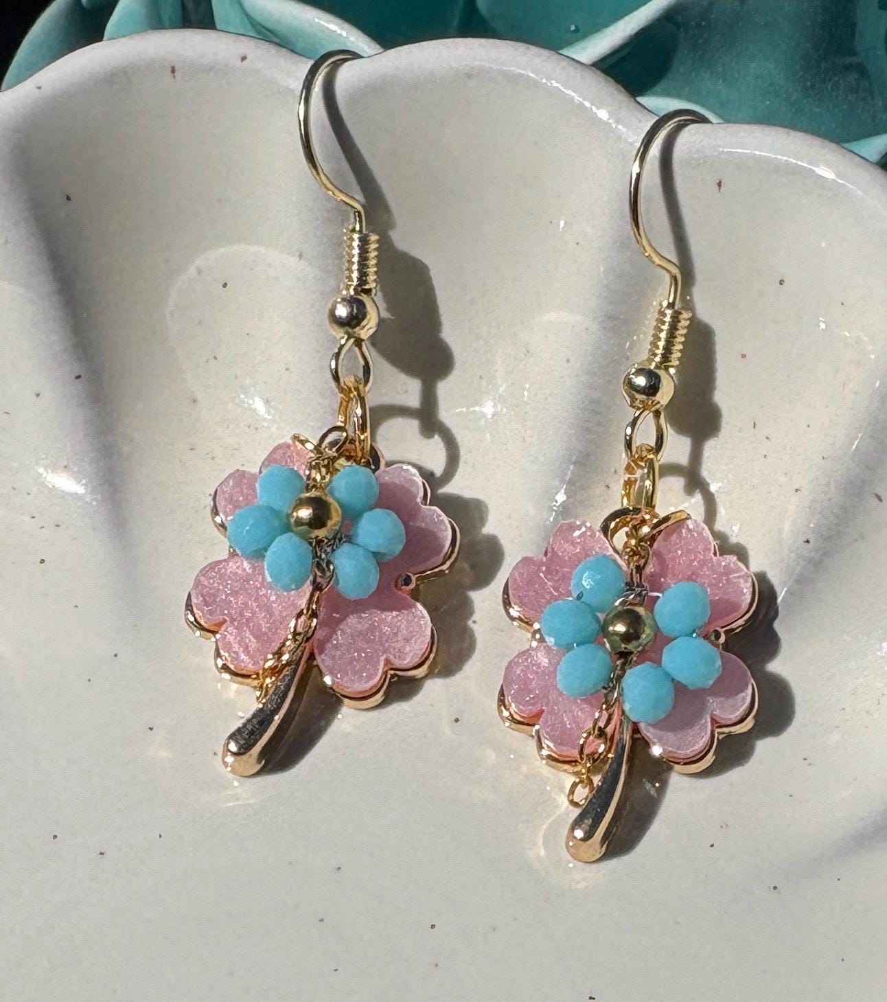 Pink & Blue Leaf Dangle Earrings | Lucky Clover Pastel Floral Earrings Consecrated Jewelry Co.