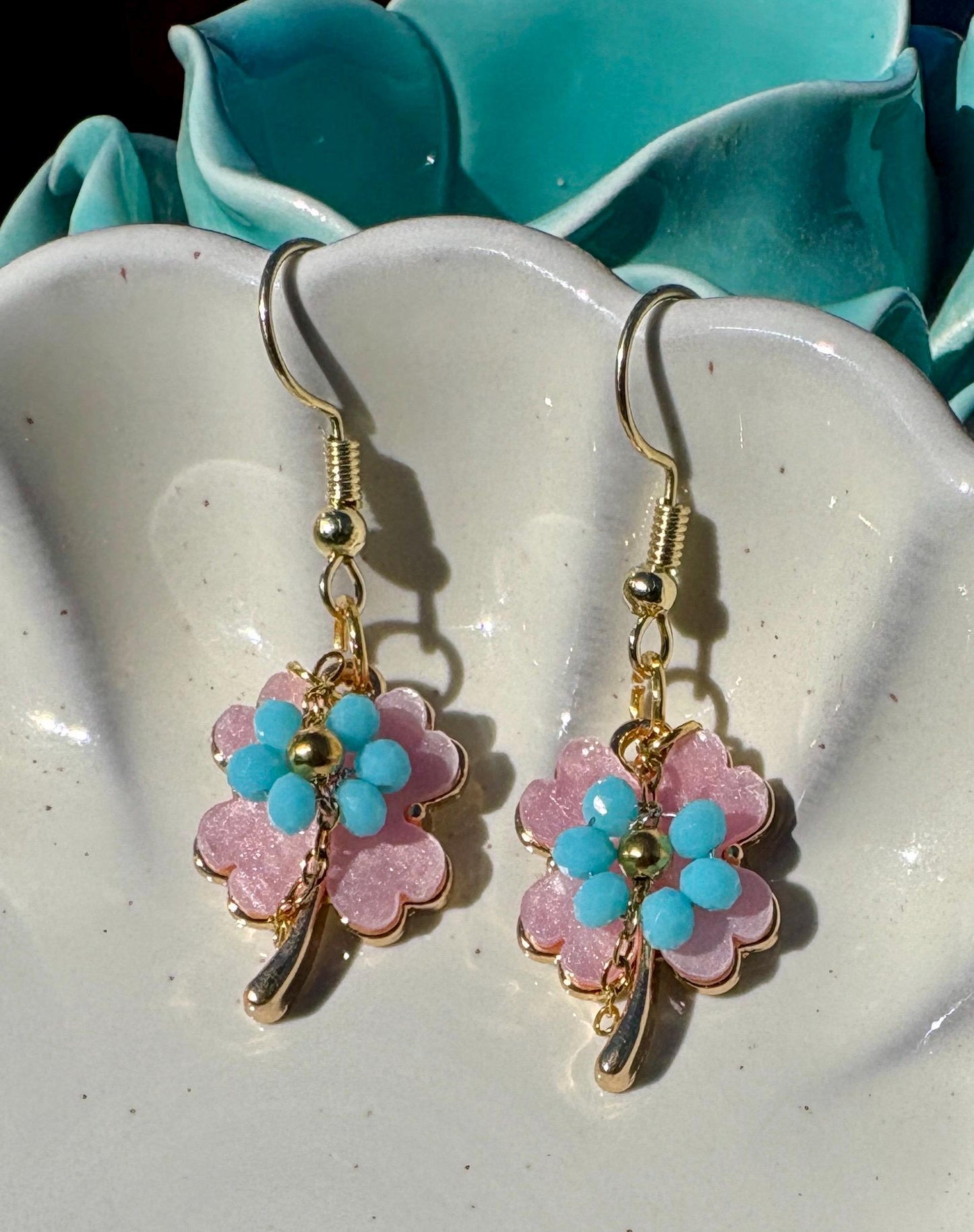 Pink & Blue Leaf Dangle Earrings | Lucky Clover Pastel Floral Earrings Consecrated Jewelry Co.