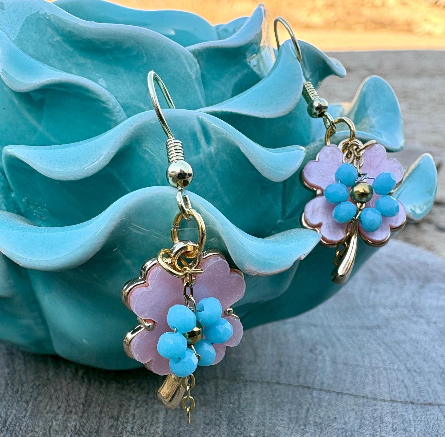 Pink & Blue Leaf Dangle Earrings | Lucky Clover Pastel Floral Earrings Consecrated Jewelry Co.