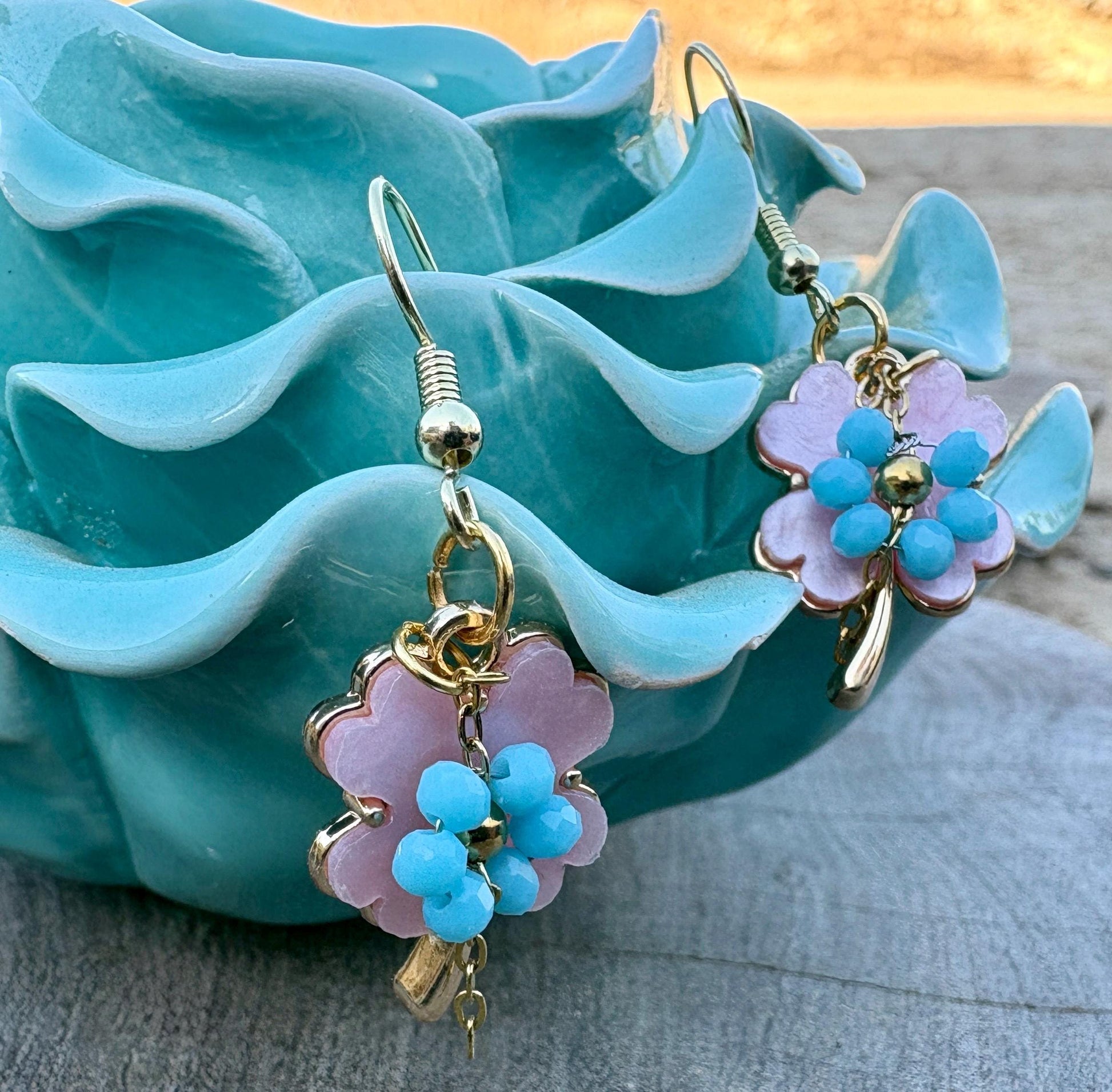 Pink & Blue Leaf Dangle Earrings | Lucky Clover Pastel Floral Earrings Consecrated Jewelry Co.