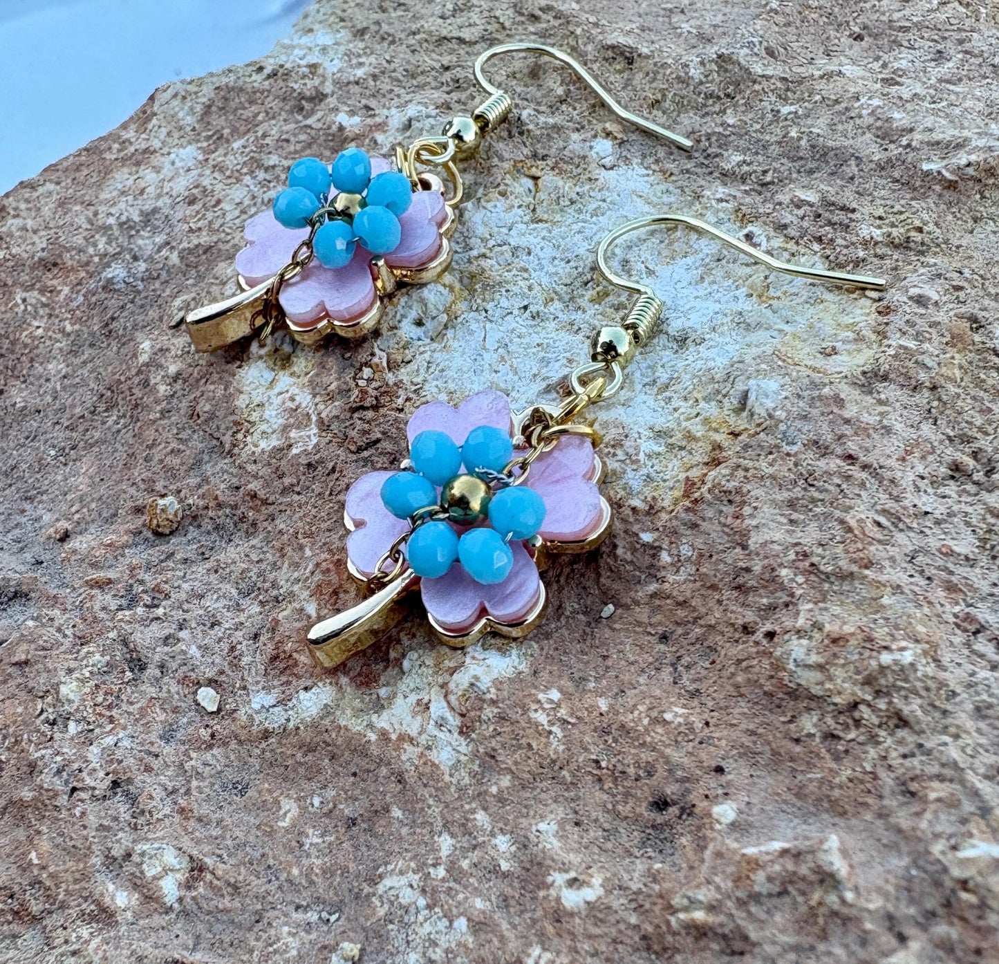 Pink & Blue Leaf Dangle Earrings | Lucky Clover Pastel Floral Earrings Consecrated Jewelry Co.