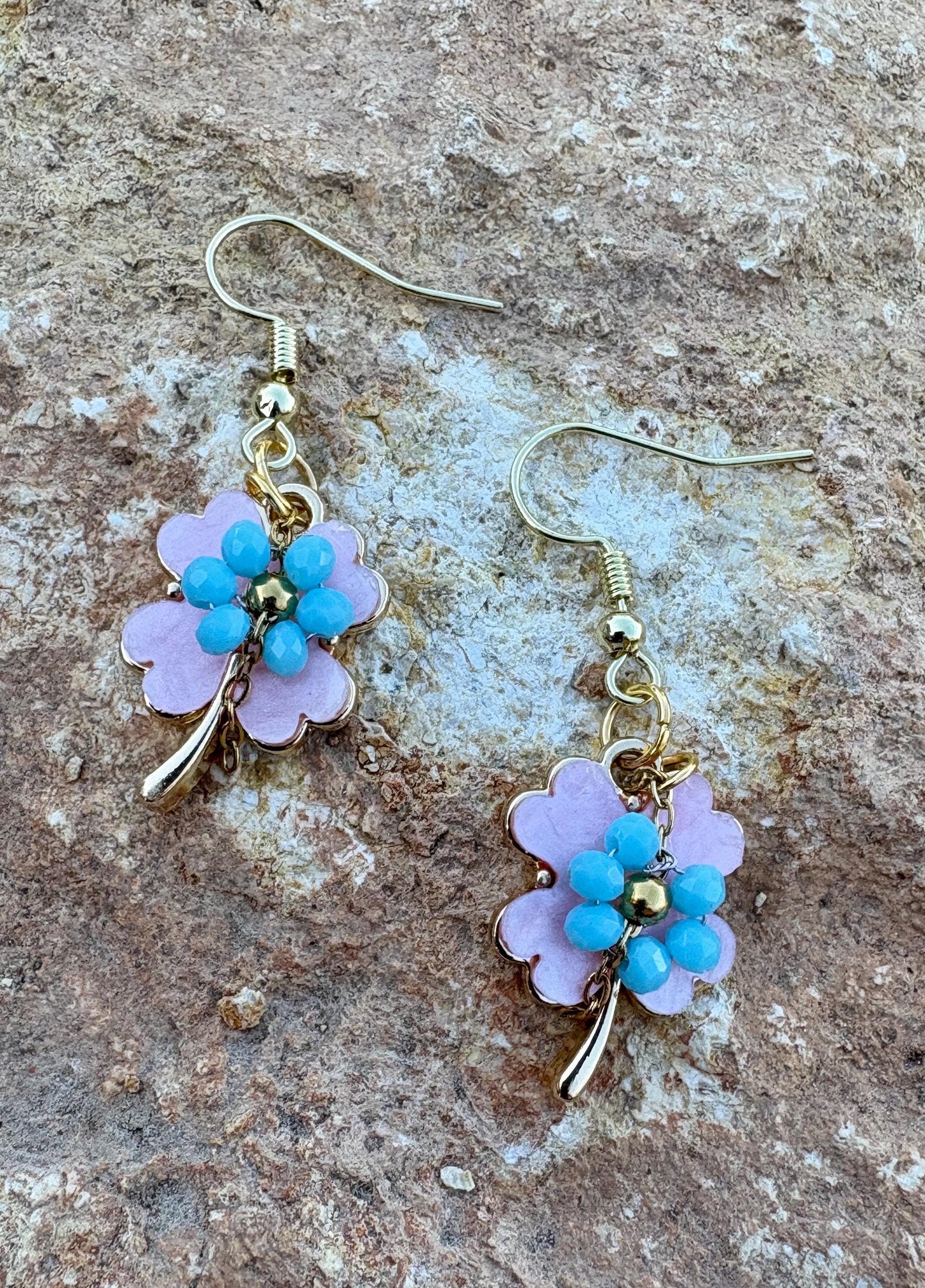 Pink & Blue Leaf Dangle Earrings | Lucky Clover Pastel Floral Earrings Consecrated Jewelry Co.