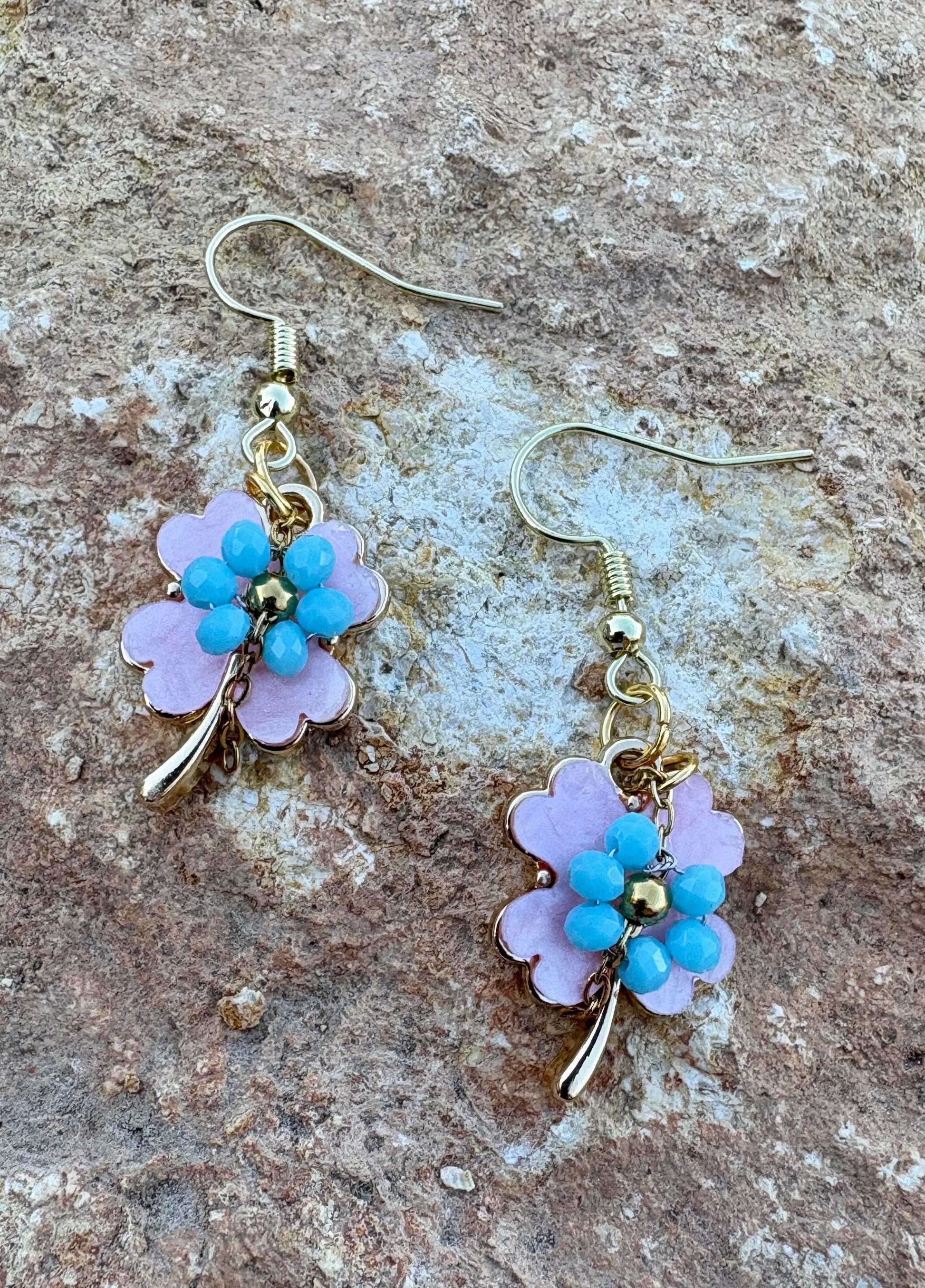 Pink & Blue Leaf Dangle Earrings | Lucky Clover Pastel Floral Earrings Consecrated Jewelry Co.