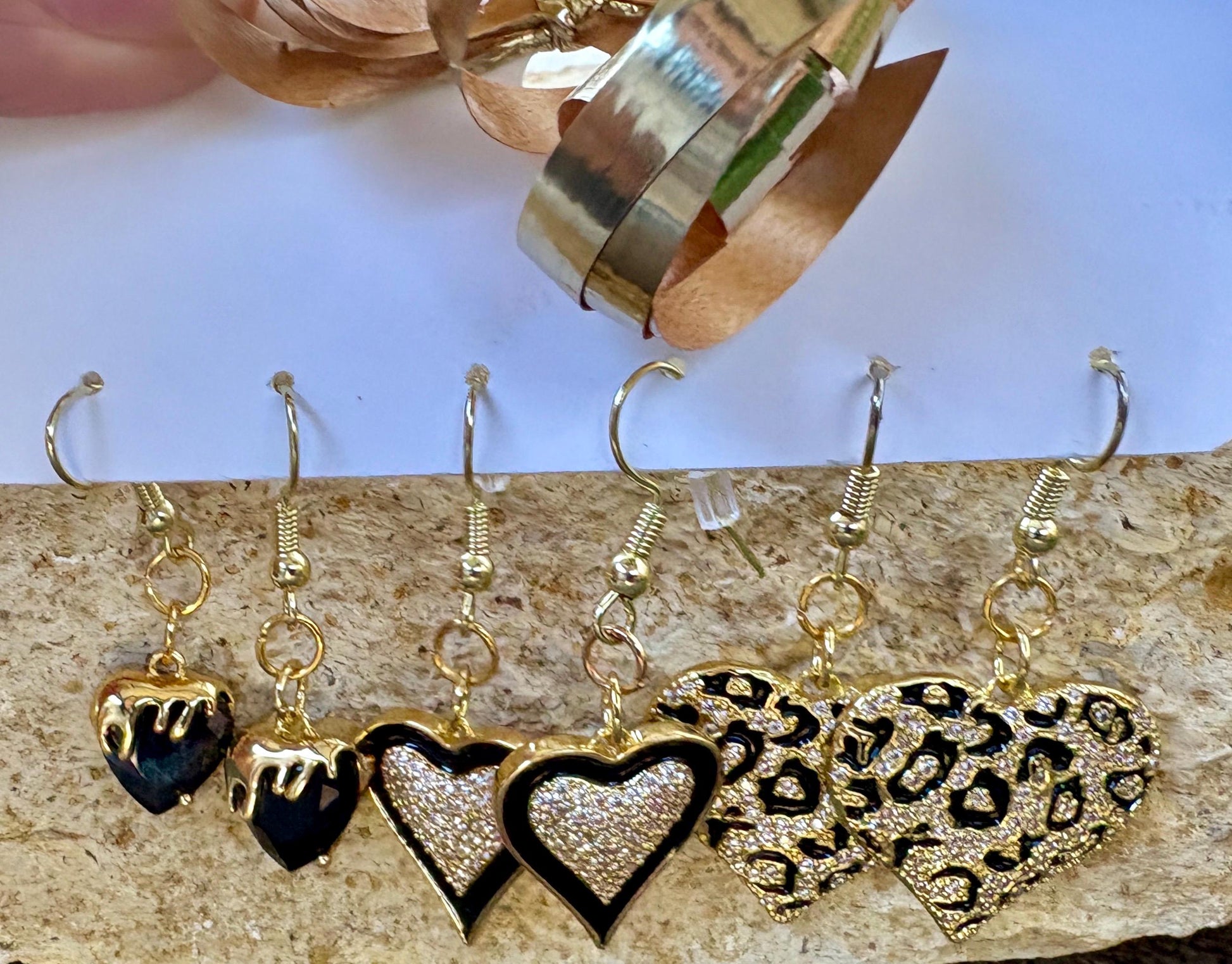 Gold & Black Heart Dangle Earrings | Leopard & Sparkling Accents Earrings Consecrated Jewelry Co.