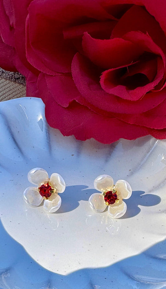 White & Red Floral Stud Earrings | Ruby Gemstone Center Earrings Consecrated Jewelry Co.