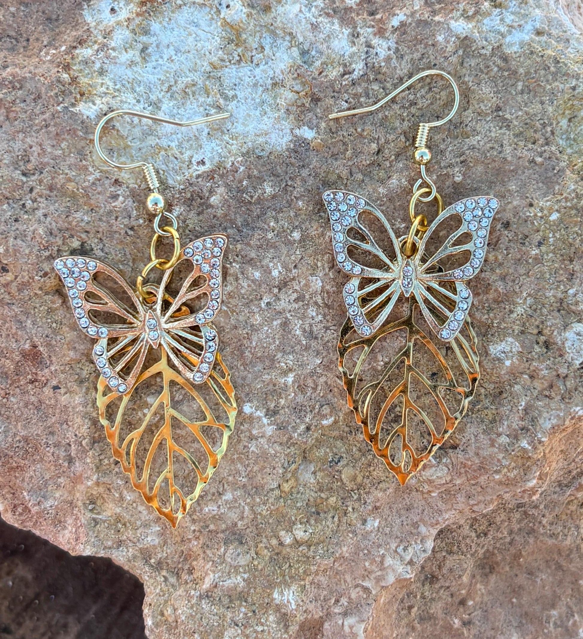 Gold Butterfly Dangle Earrings | Crystal Gemstone Garden Earrings Consecrated Jewelry Co.