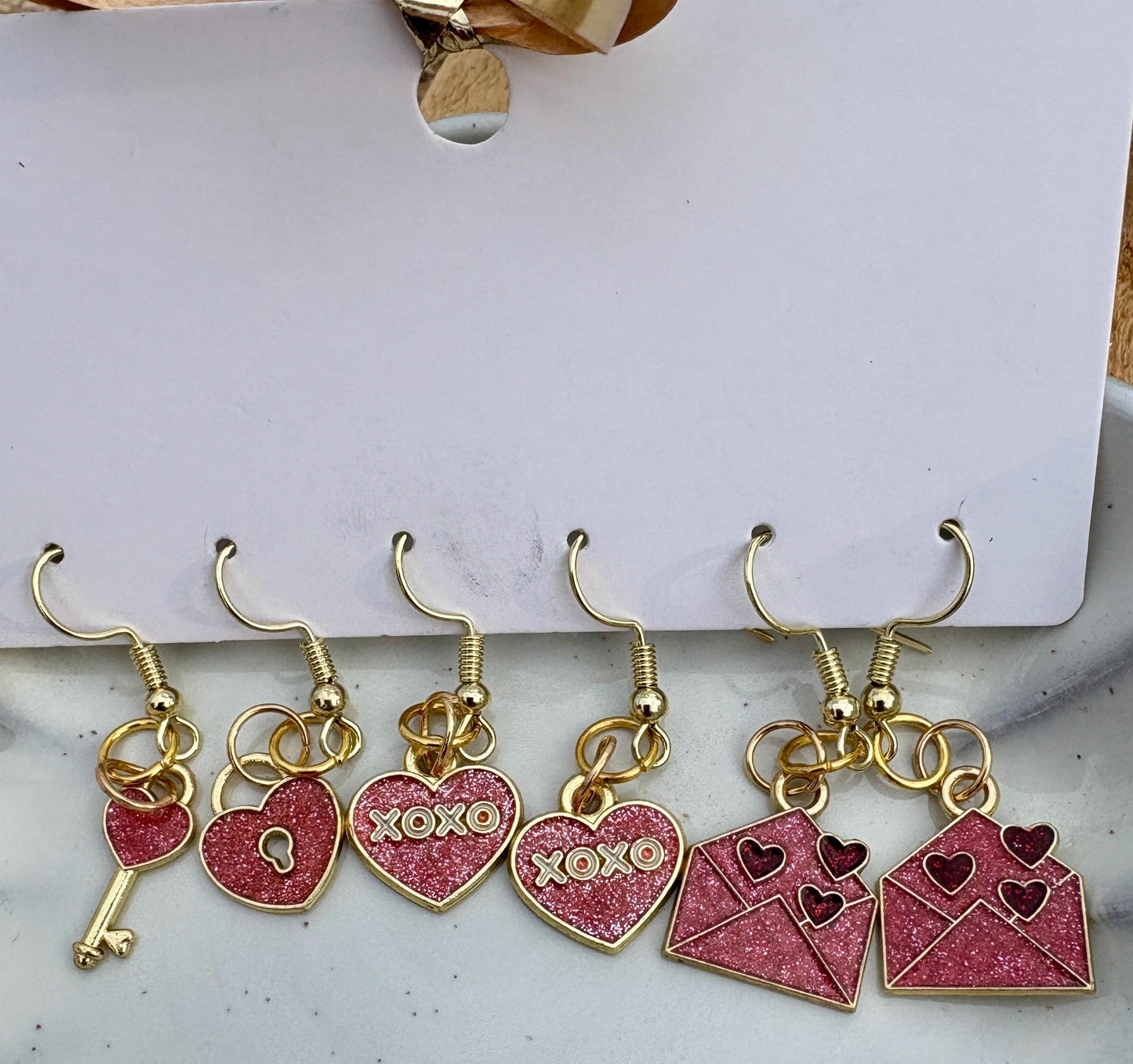 Gold & Pink Heart Earrings | Set of 3 | Lock, XOXO & Love Letter Earrings Consecrated Jewelry Co.