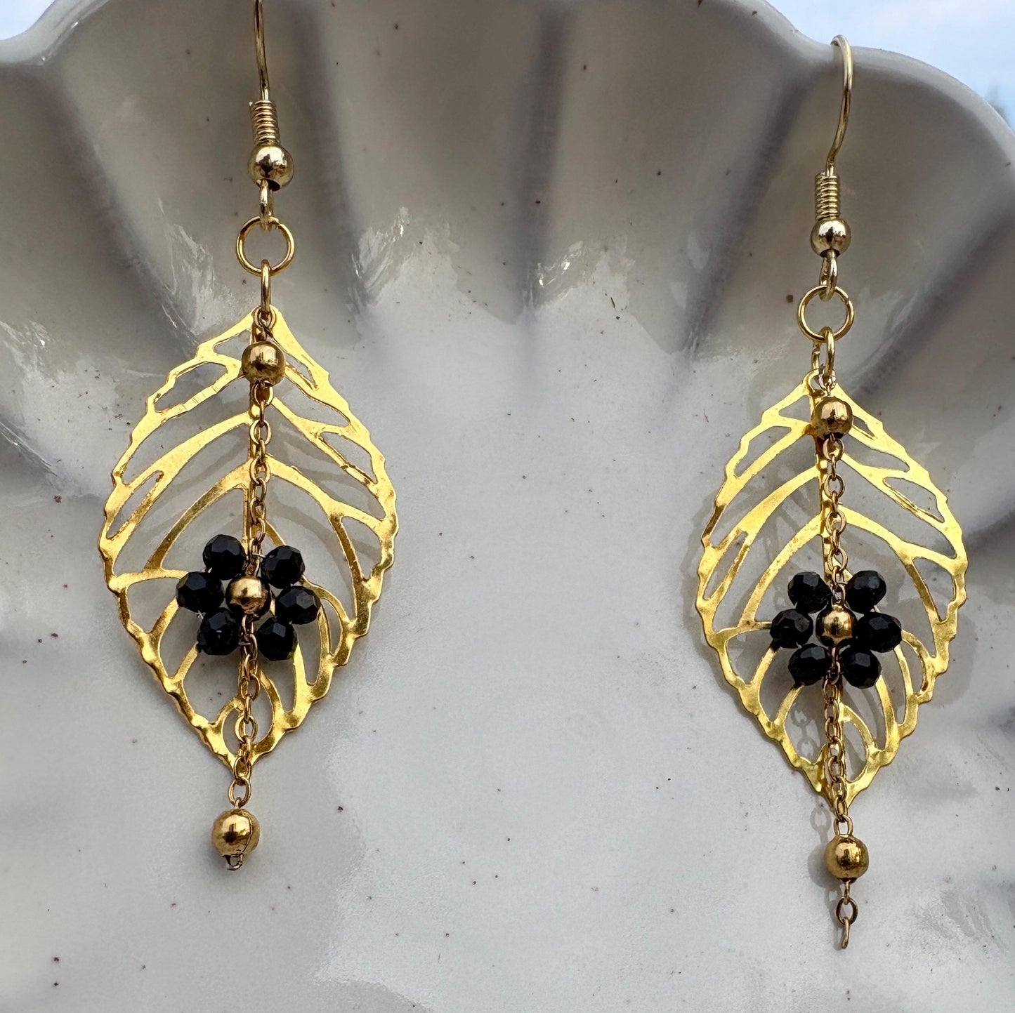 Gold Leaf & Black Floral Earrings | Black Flower Dangle Chain Earrings Consecrated Jewelry Co.