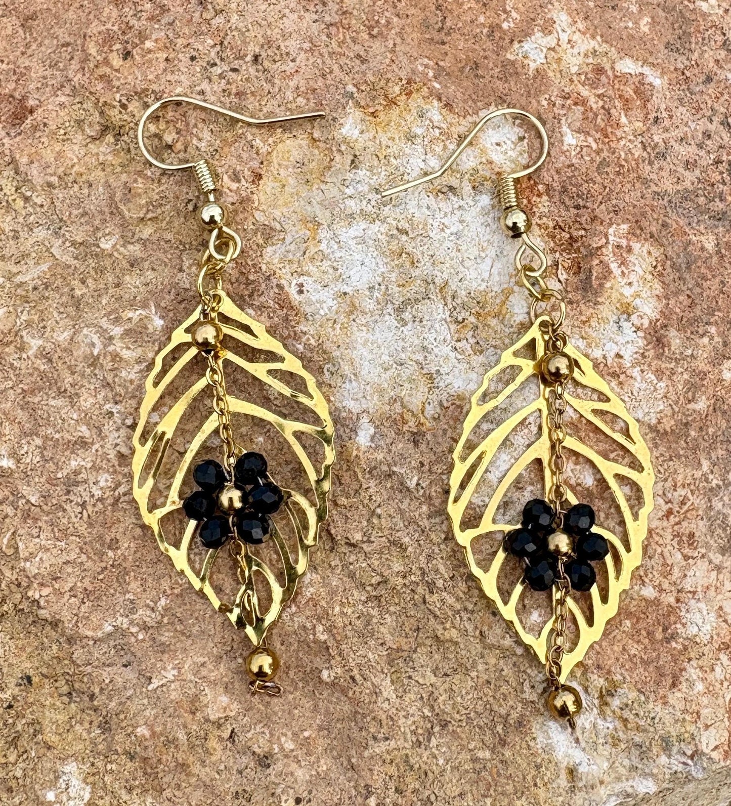 Gold Leaf & Black Floral Earrings | Black Flower Dangle Chain Earrings Consecrated Jewelry Co.