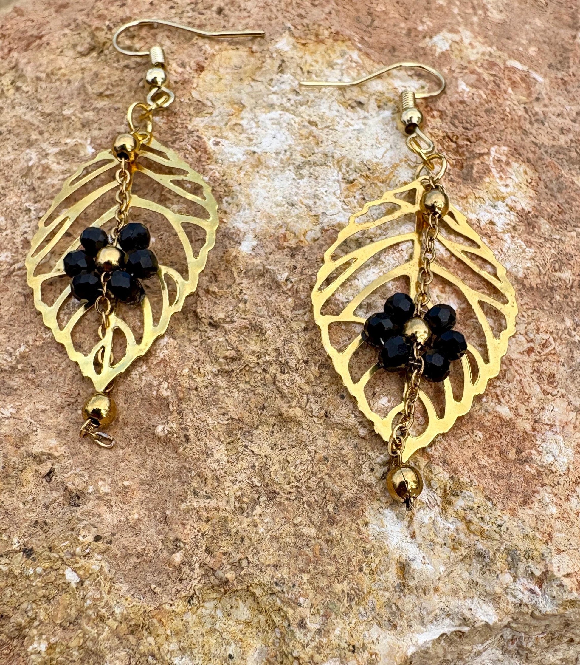 Gold Leaf & Black Floral Earrings | Black Flower Dangle Chain Earrings Consecrated Jewelry Co.
