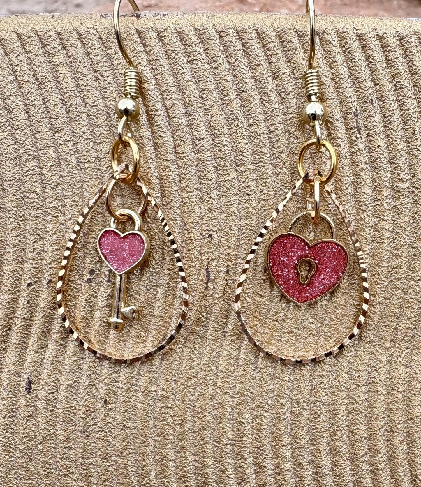 Gold & Pink Heart Earrings | Teardrop Frame Glitter Key & Lock Earrings Consecrated Jewelry Co.