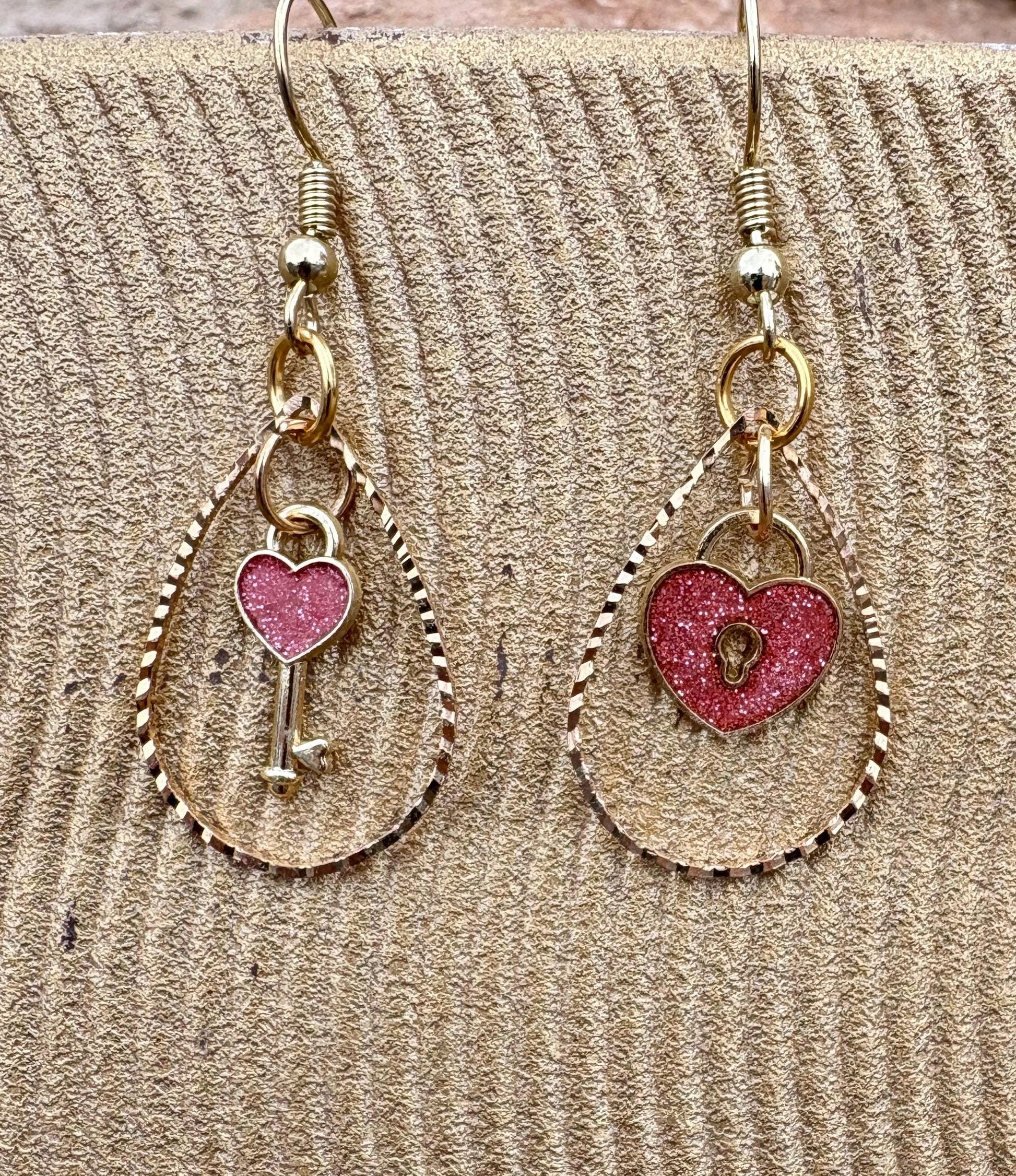 Gold & Pink Heart Earrings | Teardrop Frame Glitter Key & Lock Earrings Consecrated Jewelry Co.