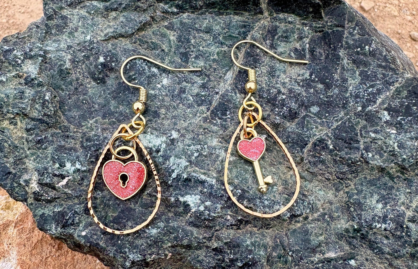 Gold & Pink Heart Earrings | Teardrop Frame Glitter Key & Lock Earrings Consecrated Jewelry Co.