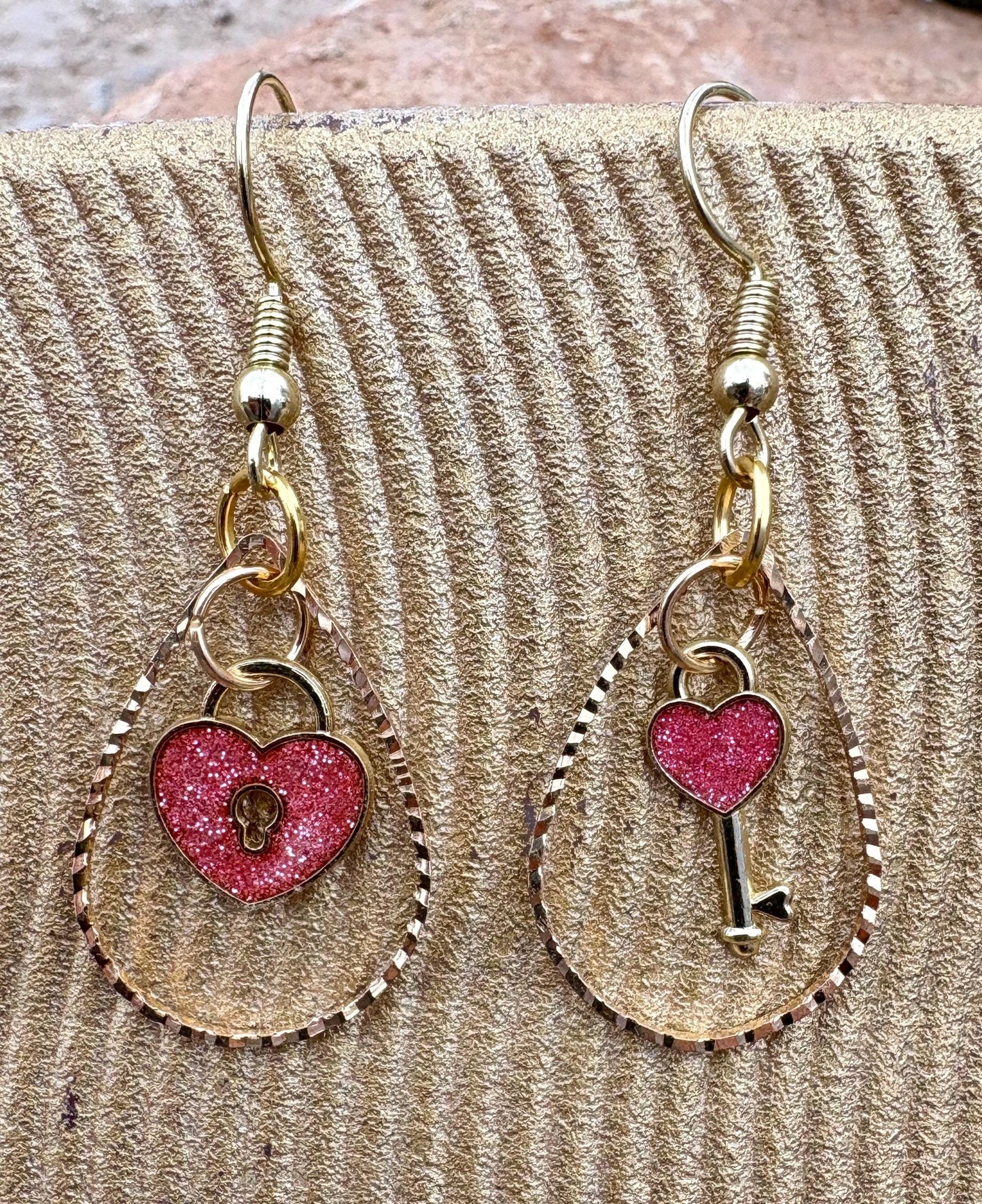 Gold & Pink Heart Earrings | Teardrop Frame Glitter Key & Lock Earrings Consecrated Jewelry Co.