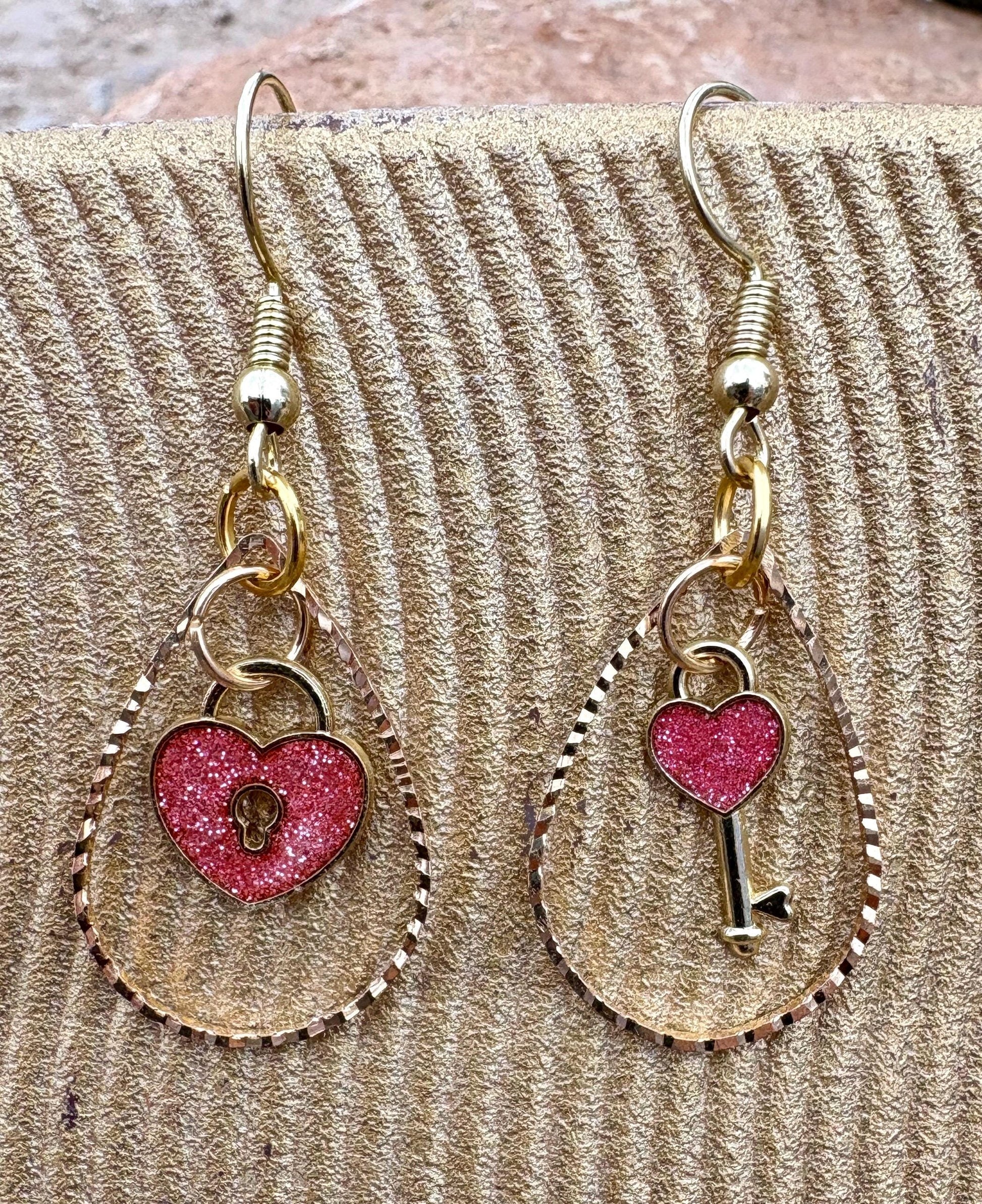 Gold & Pink Heart Earrings | Teardrop Frame Glitter Key & Lock Earrings Consecrated Jewelry Co.