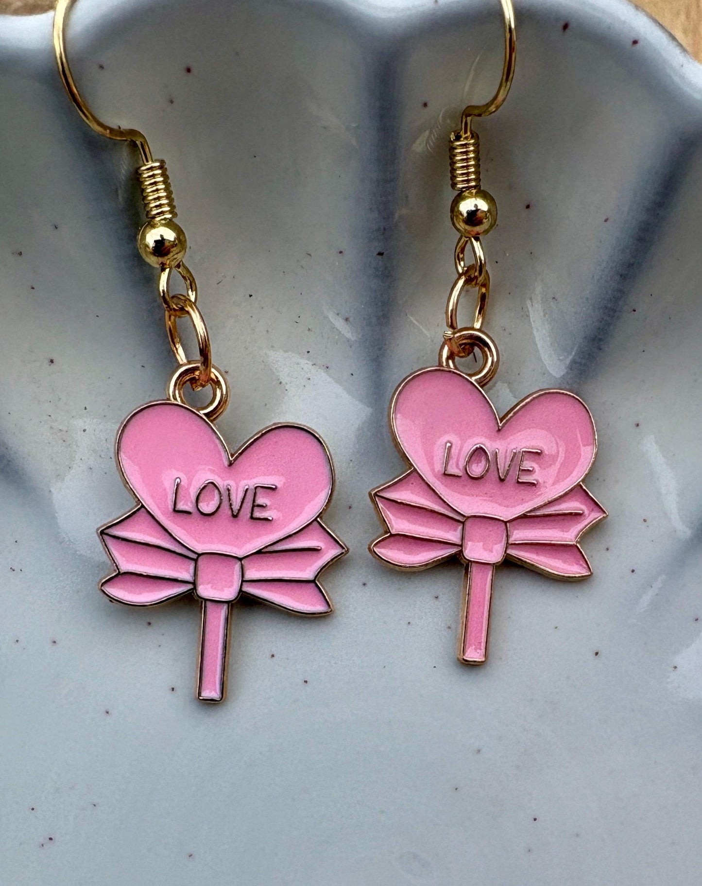Gold & Pink Dangle Heart Earrings | Love Bows Valentine's Earrings Consecrated Jewelry Co.