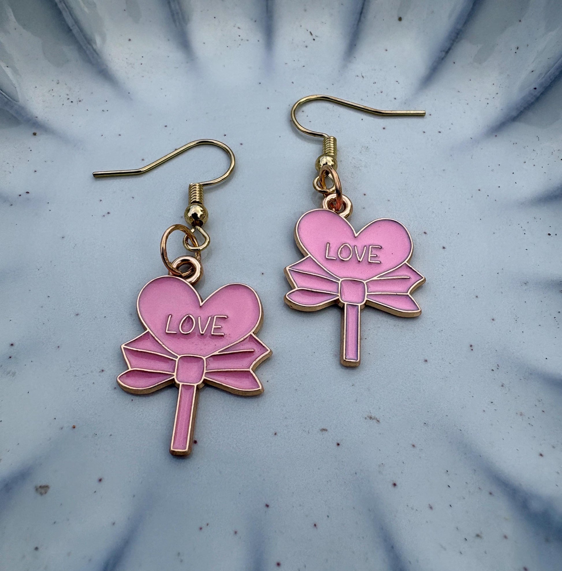 Gold & Pink Dangle Heart Earrings | Love Bows Valentine's Earrings Consecrated Jewelry Co.