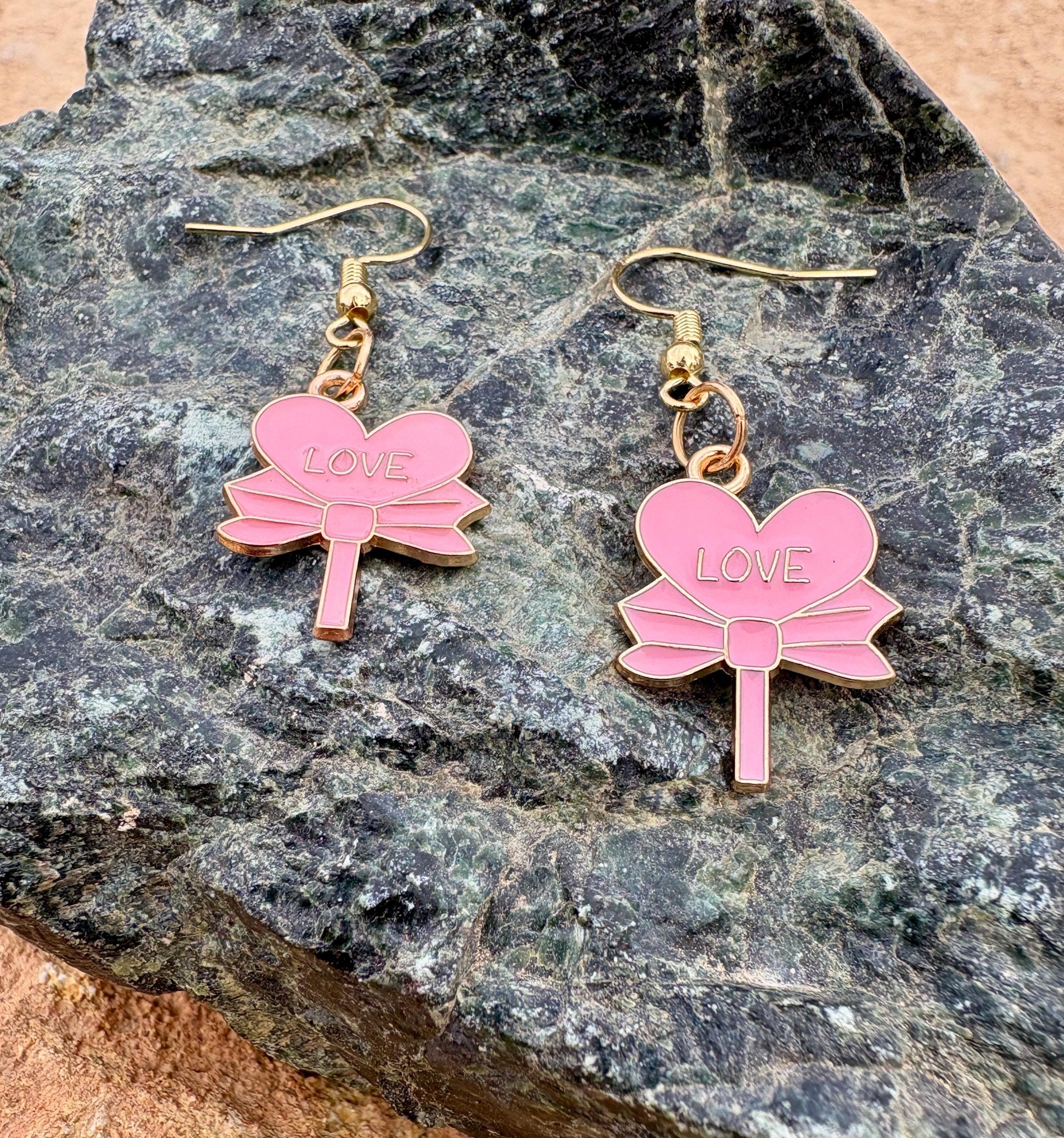Gold & Pink Dangle Heart Earrings | Love Bows Valentine's Earrings Consecrated Jewelry Co.