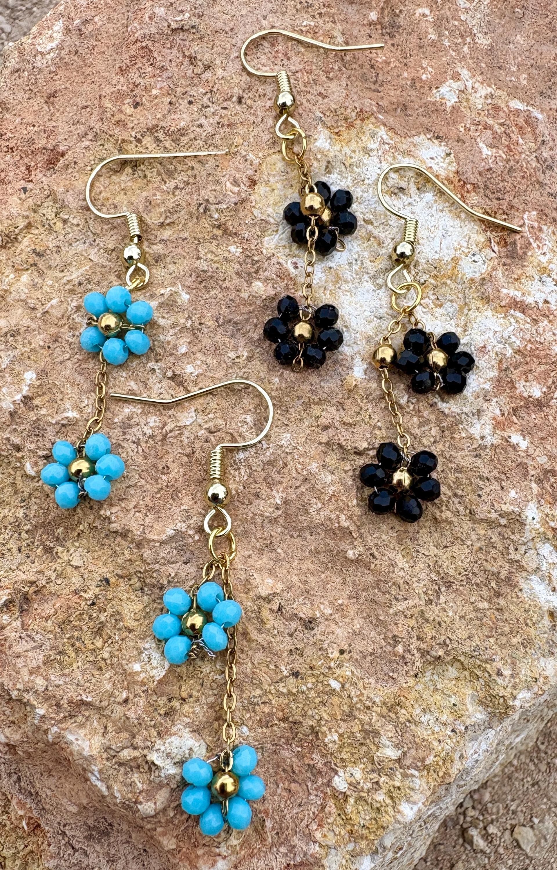 Gold & Black Floral Earrings | Blue Flower Dangle Chain Set of 2 Earrings Consecrated Jewelry Co.