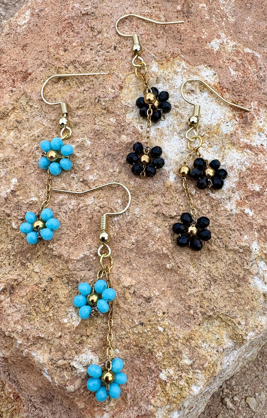 Gold & Black Floral Earrings | Blue Flower Dangle Chain Set of 2 Earrings Consecrated Jewelry Co.