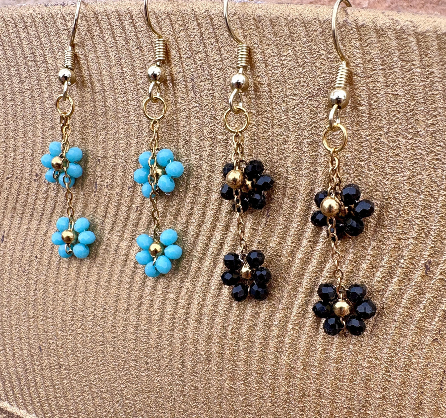 Gold & Black Floral Earrings | Blue Flower Dangle Chain Set of 2 Earrings Consecrated Jewelry Co.
