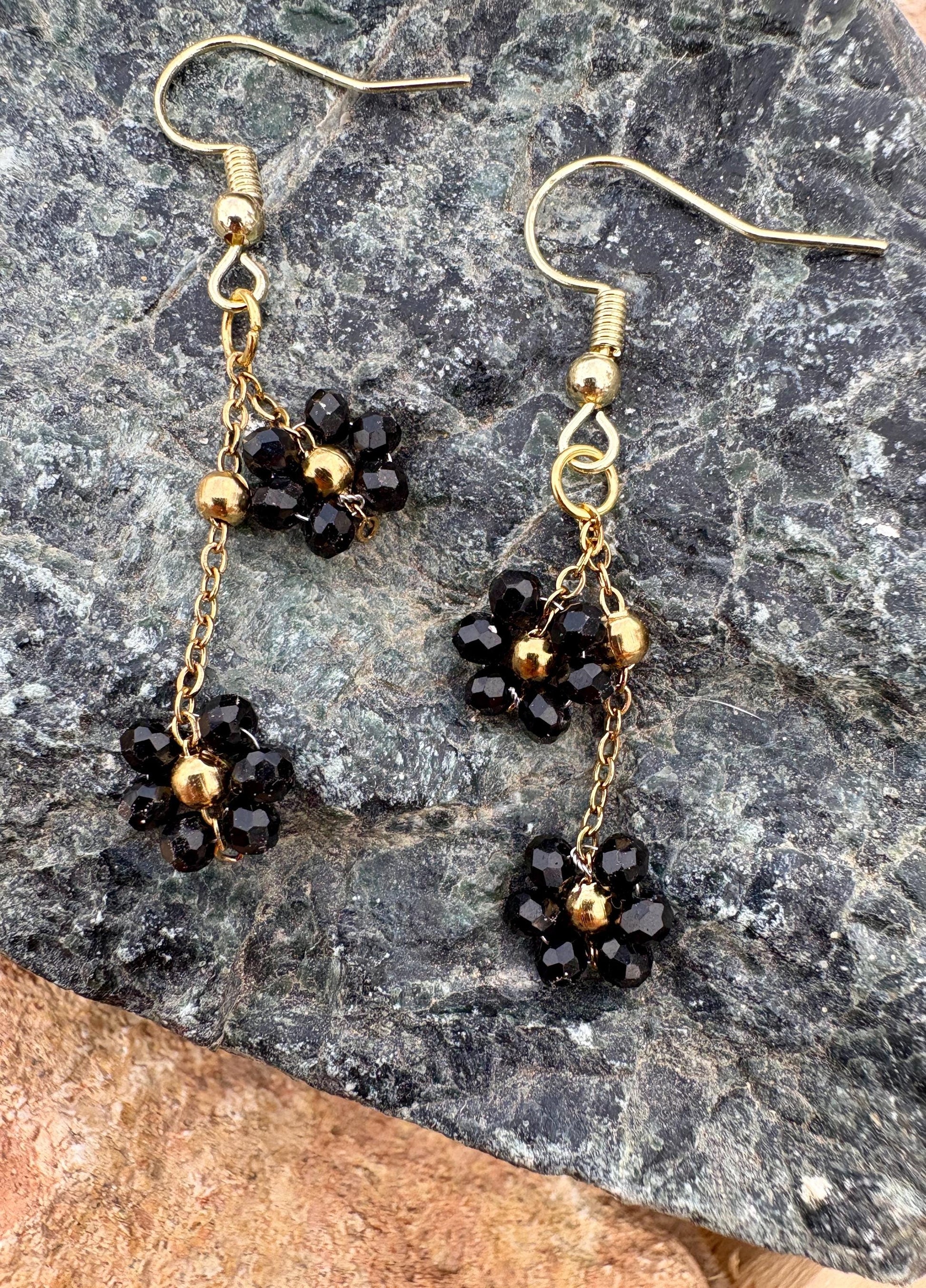 Gold & Black Floral Earrings | Blue Flower Dangle Chain Set of 2 Earrings Consecrated Jewelry Co.