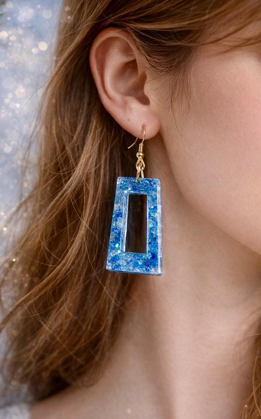 Handmade Glitter Resin Rectangle Earrings | Blue Sparkle Dangle Earrings Consecrated Jewelry Co.